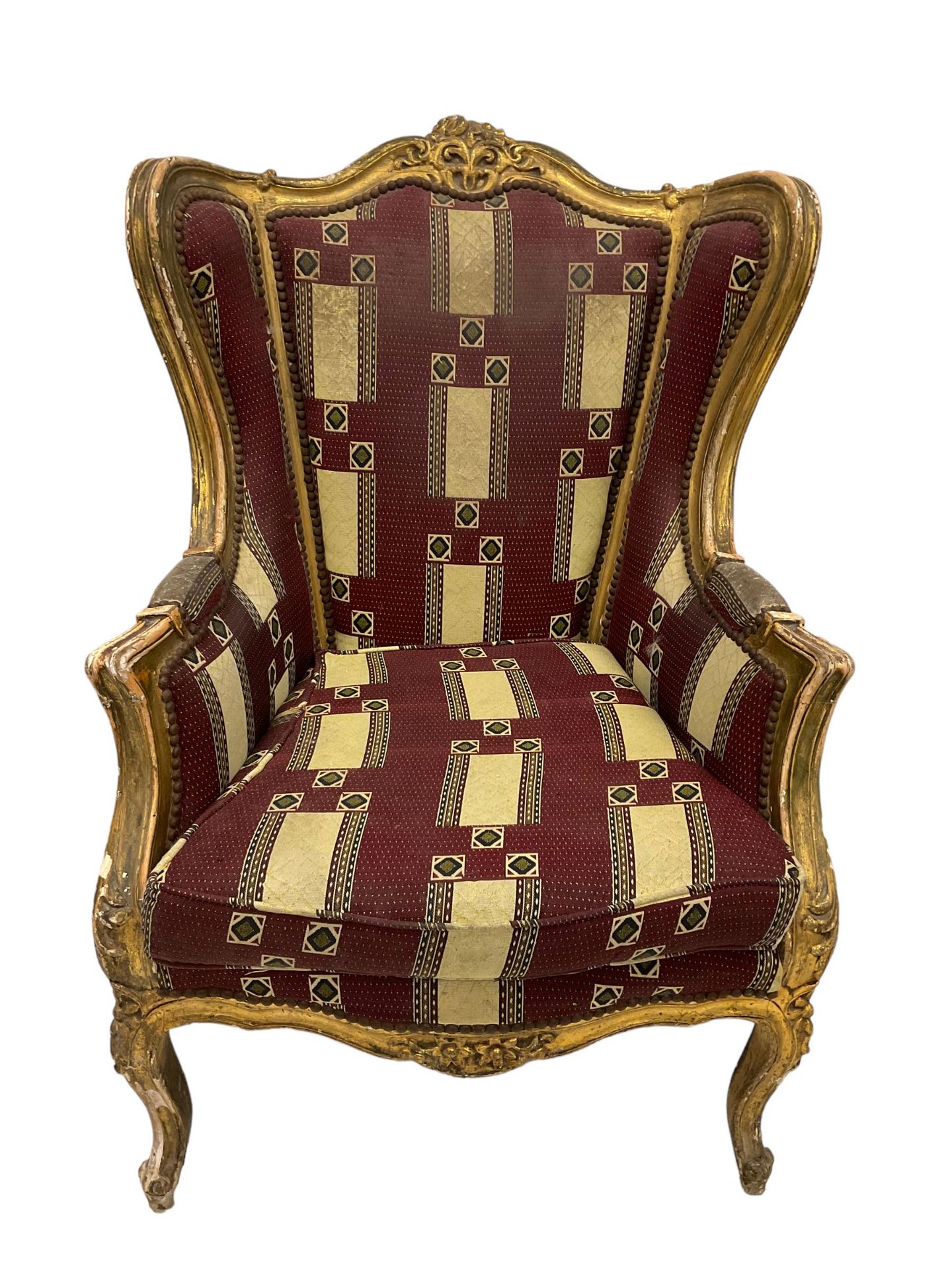 A Pair Louis XV design gilt framed wingback armchairs, the cresting rail carved and moulded with a - Image 10 of 10