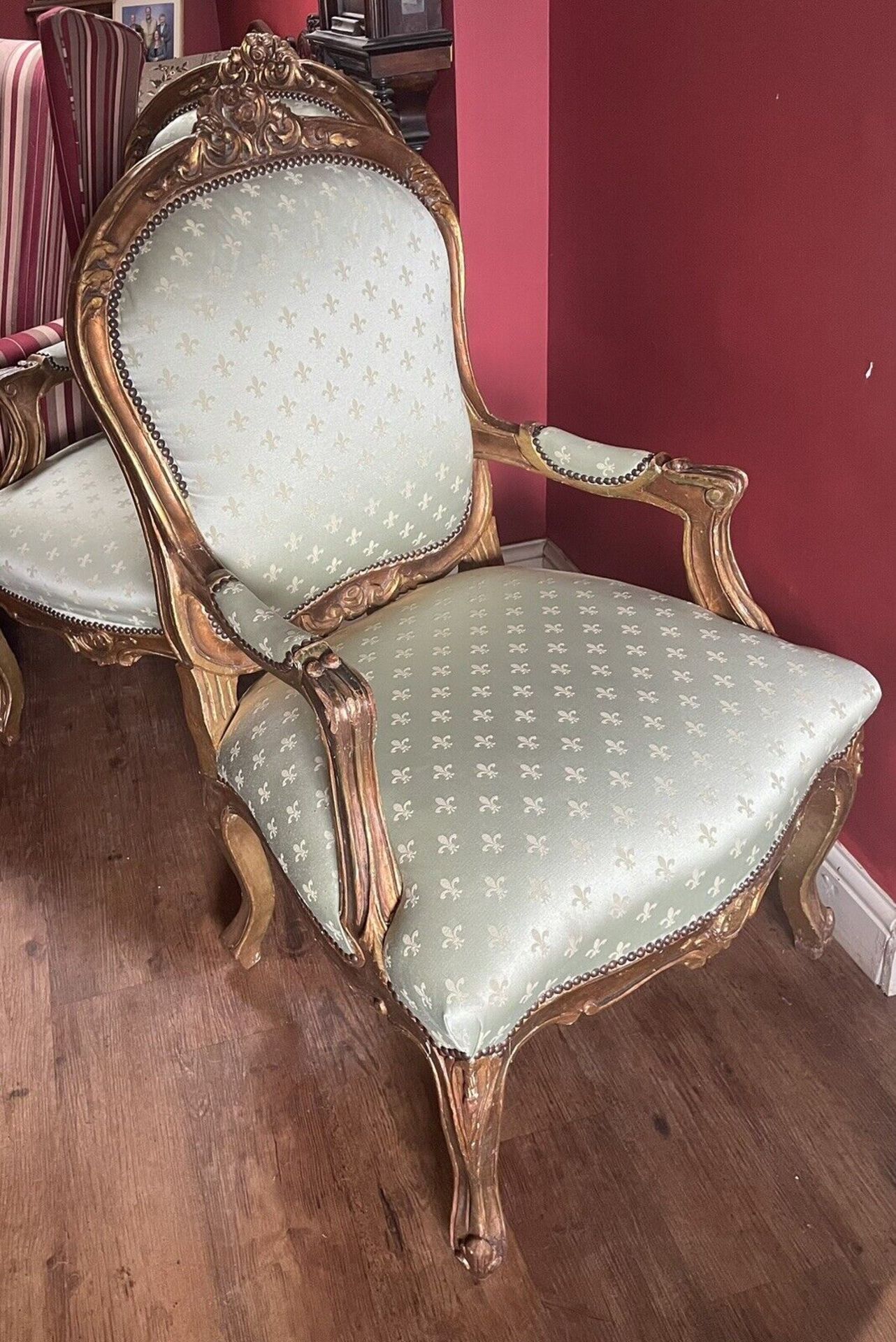 A Pair of Fauteuils In Louis XVI Style Carved Gilt Wood Arm Chairs Upholstered In Fleur De Lys - Image 10 of 10