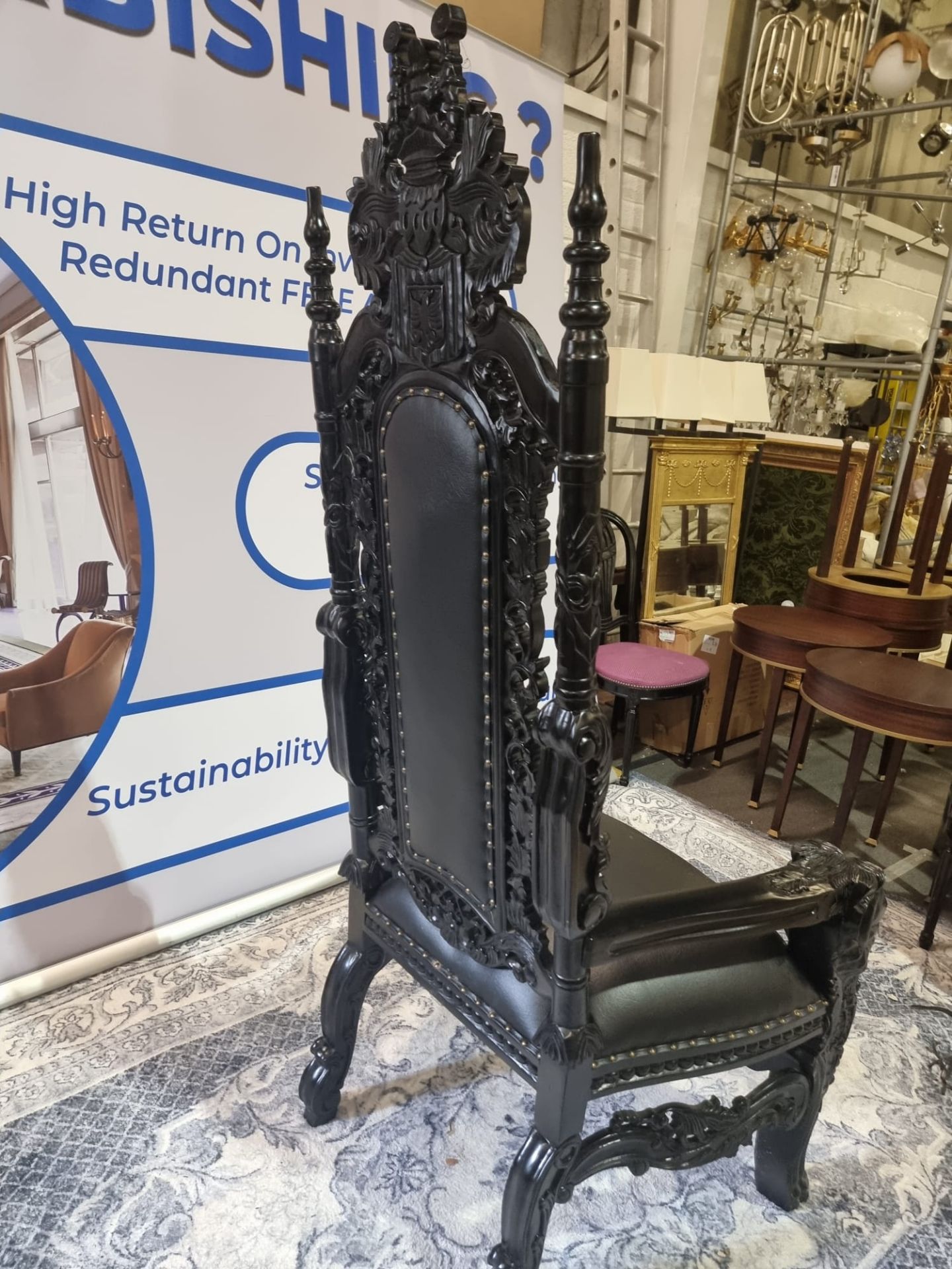 Handmade Mahogany Chair Finished In Painted Ebony Upholstered In Pinned Black Exceptional Detailed - Image 15 of 24