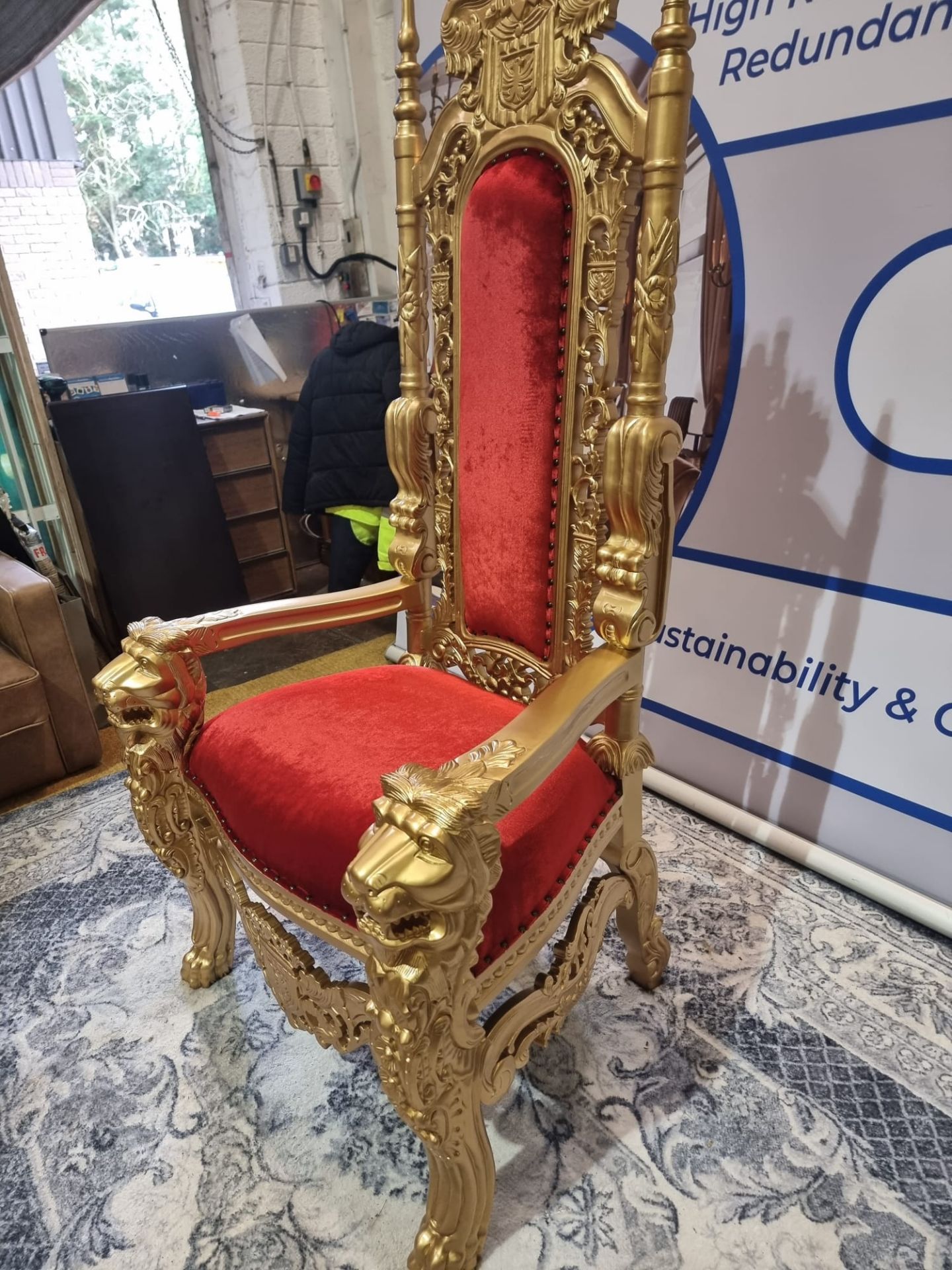 Handmade Mahogany Wood Painted Matt Gold Throne Chair Upholstered In A Pinned Red Velvet Exceptional - Image 14 of 18