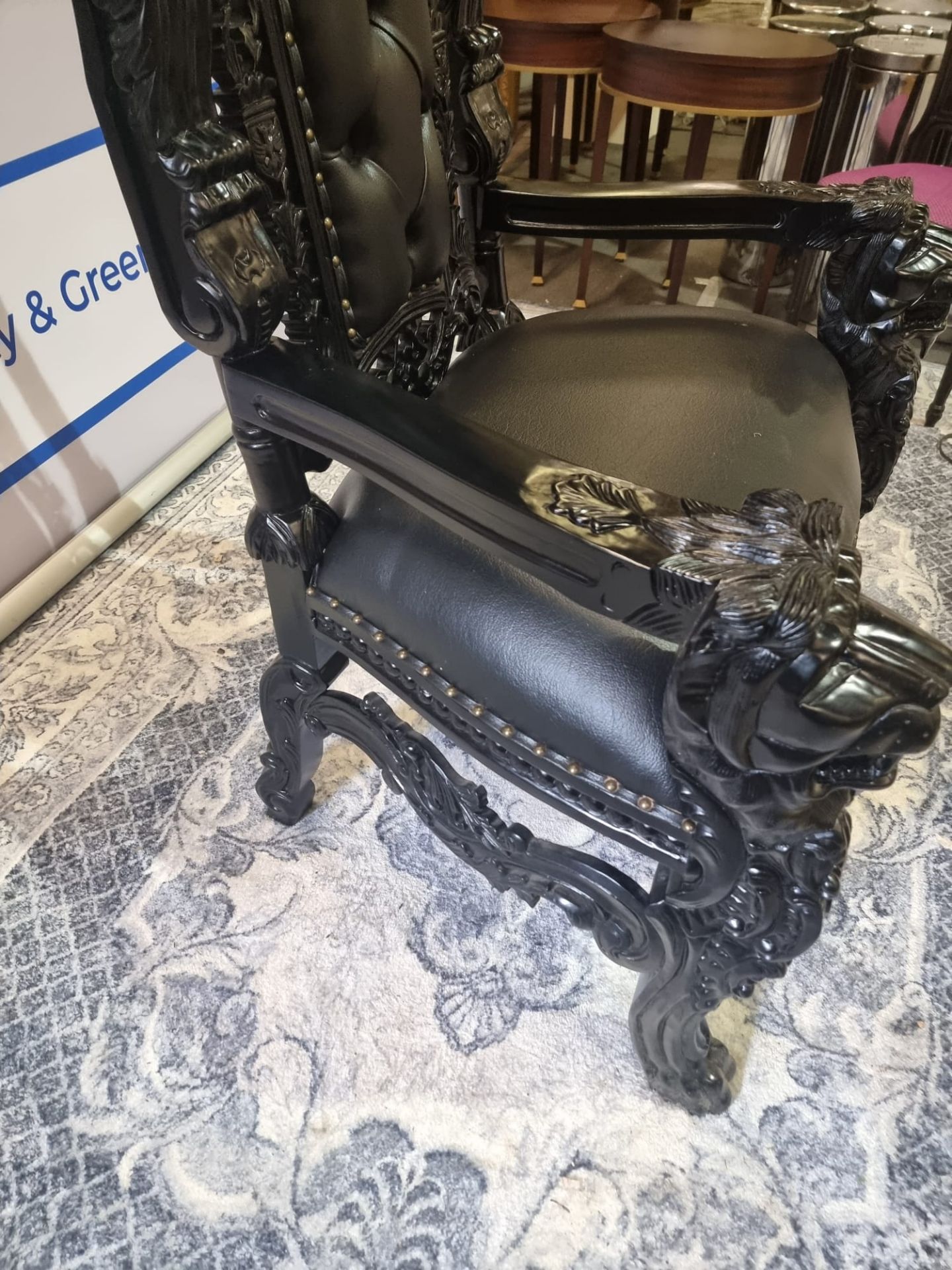 Handmade Mahogany Chair Finished In Painted Ebony Upholstered In Pinned Black Exceptional Detailed - Image 8 of 24