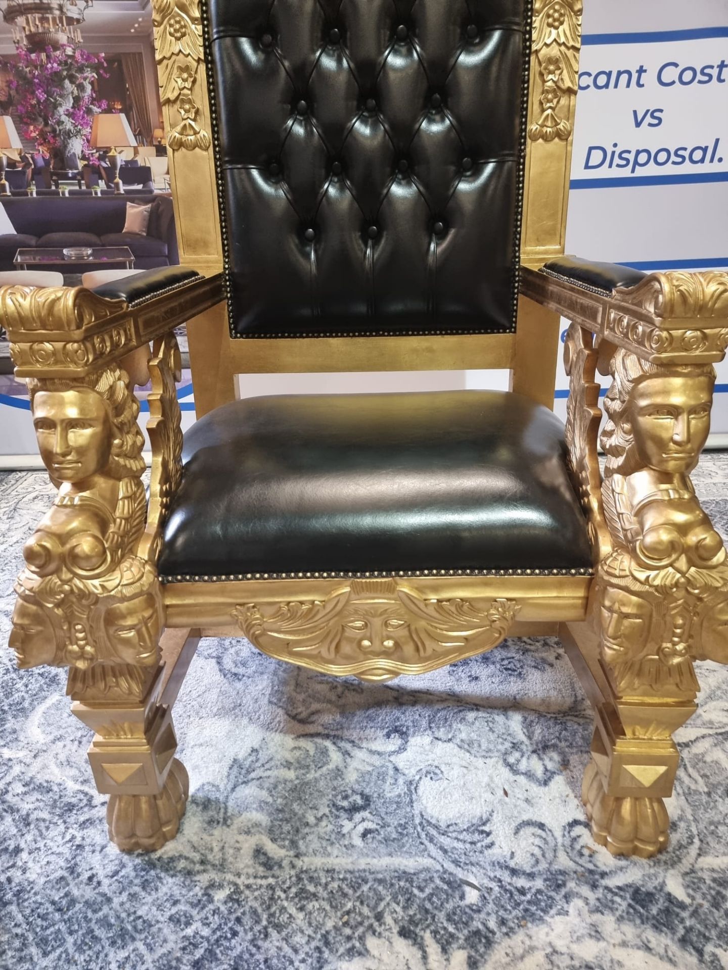 Handmade Mahogany Chair Finished In Painted Matt Gold Upholstered In Pinned Black Exceptional - Image 9 of 21