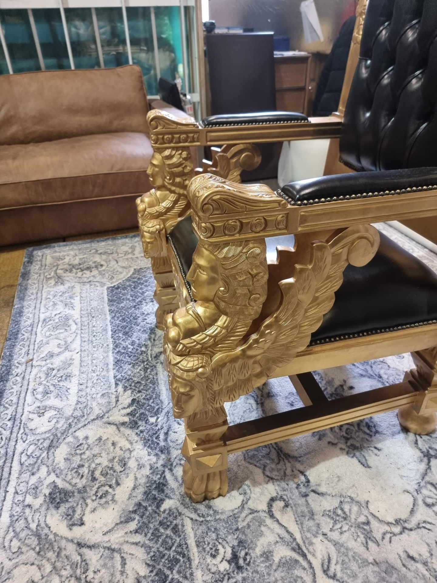 Handmade Mahogany Chair Finished In Painted Matt Gold Upholstered In Pinned Black Exceptional - Image 18 of 21