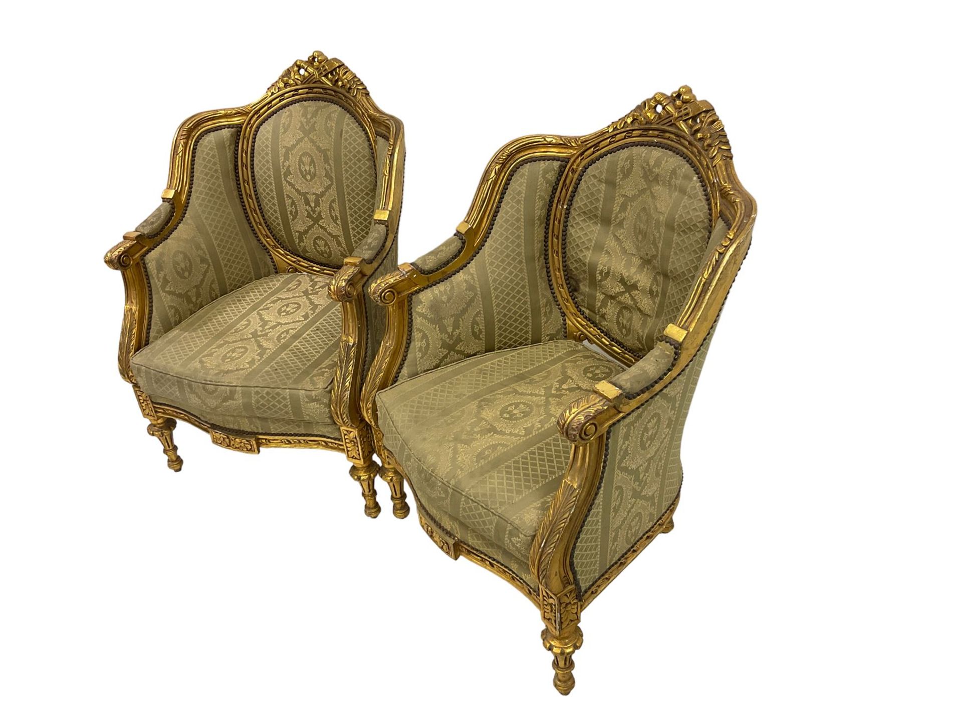 A Pair Louis XVI design gilt framed armchairs, the cresting rail pierced and moulded with flower - Image 5 of 8