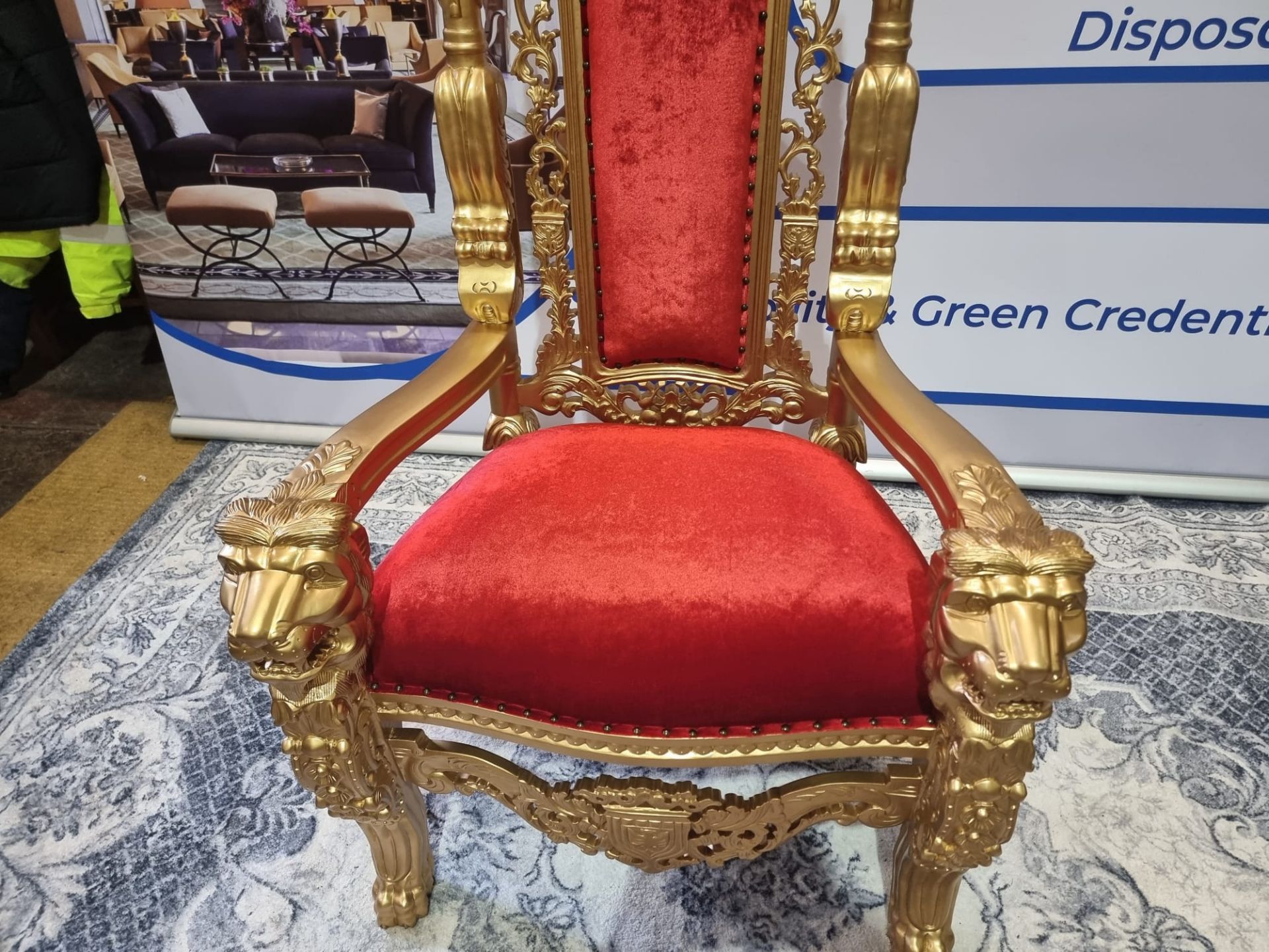 Handmade Mahogany Wood Painted Matt Gold Throne Chair Upholstered In A Pinned Red Velvet Exceptional - Image 13 of 18