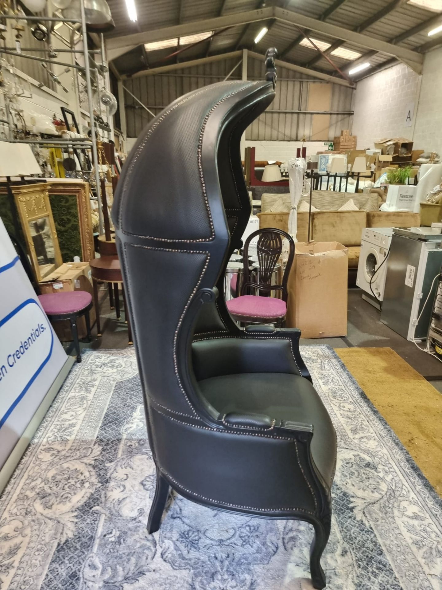 A Solid Mahogany Hardwood Upholstered In Tactile Black Citroen Porters Chair Modelled On The - Image 5 of 14