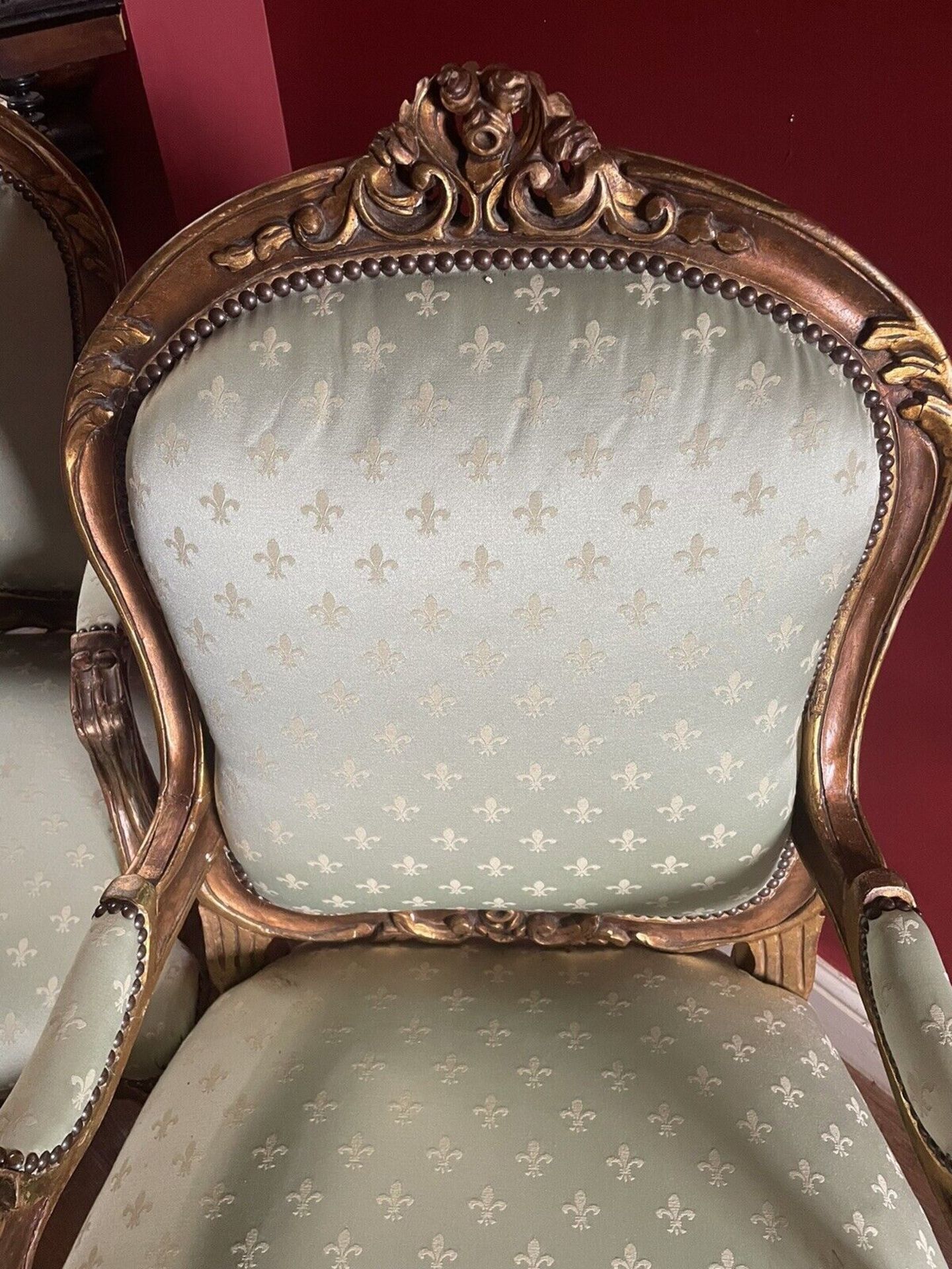 A Pair of Fauteuils In Louis XVI Style Carved Gilt Wood Arm Chairs Upholstered In Fleur De Lys - Image 5 of 10