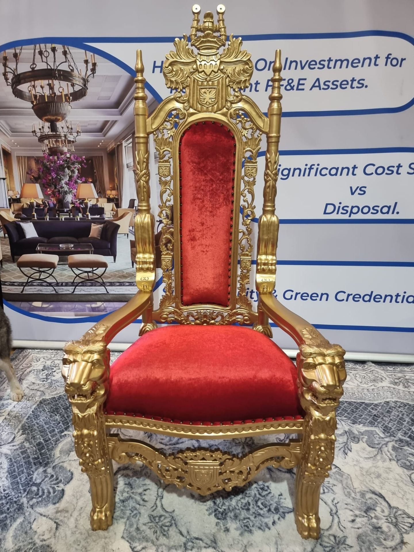 Handmade Mahogany Wood Painted Matt Gold Throne Chair Upholstered In A Pinned Red Velvet Exceptional - Image 17 of 18