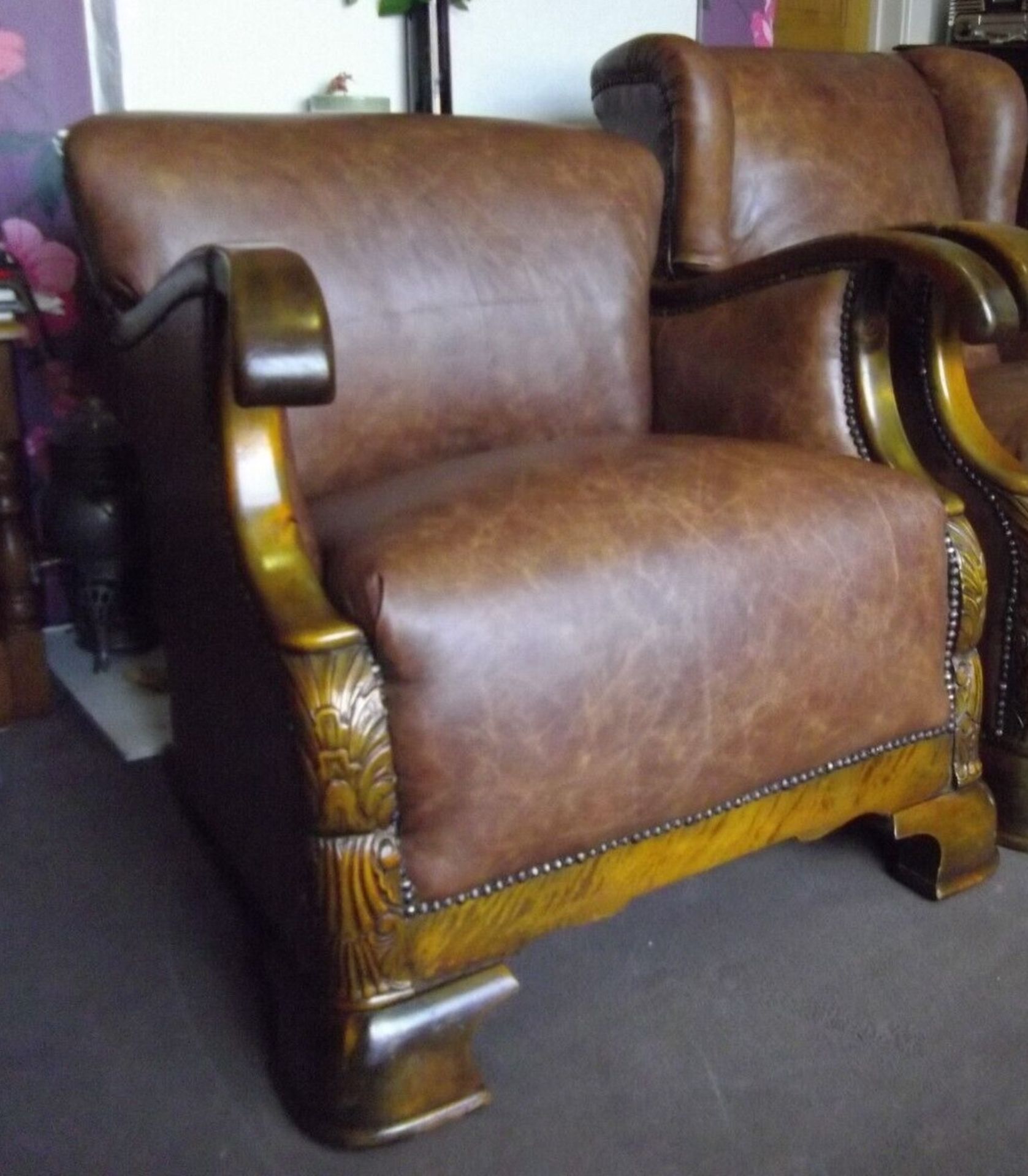 Leather Armchair Continental Oak Frame With Recently Upholstered Vintage 100% Leather Upholstery - Image 5 of 13