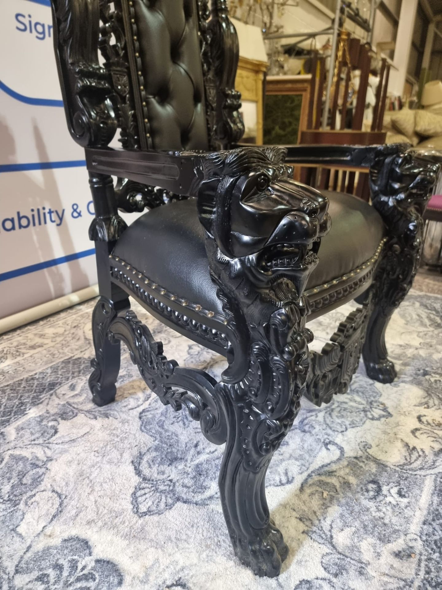 Handmade Mahogany Chair Finished In Painted Ebony Upholstered In Pinned Black Exceptional Detailed - Image 9 of 24