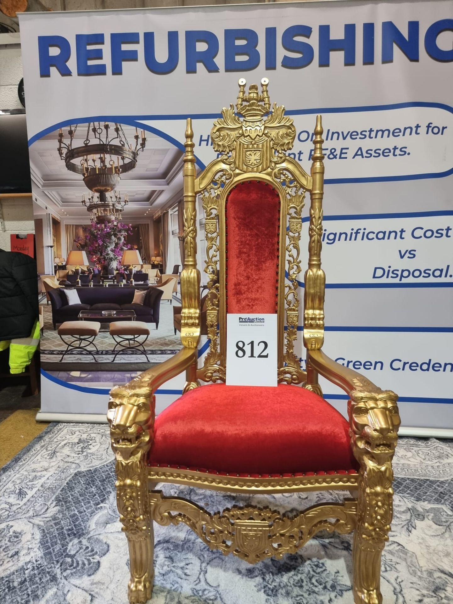 Handmade Mahogany Wood Painted Matt Gold Throne Chair Upholstered In A Pinned Red Velvet Exceptional - Image 18 of 18