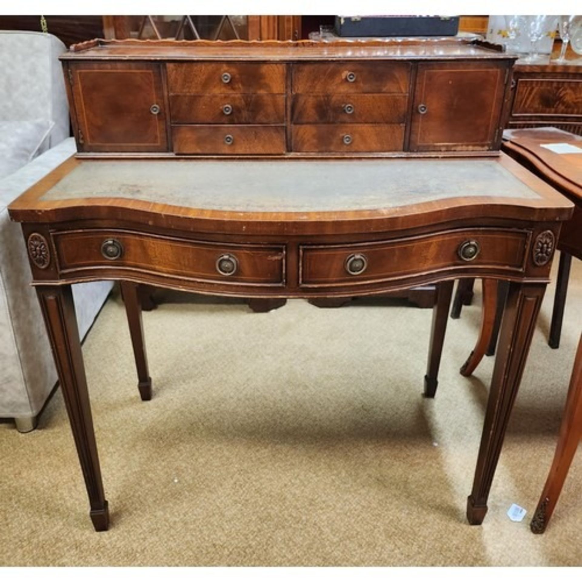 Cabinet Makers: H.& L. Epstein, London. Flame Mahogany Ladies Writing Desk - Superstructure Top With