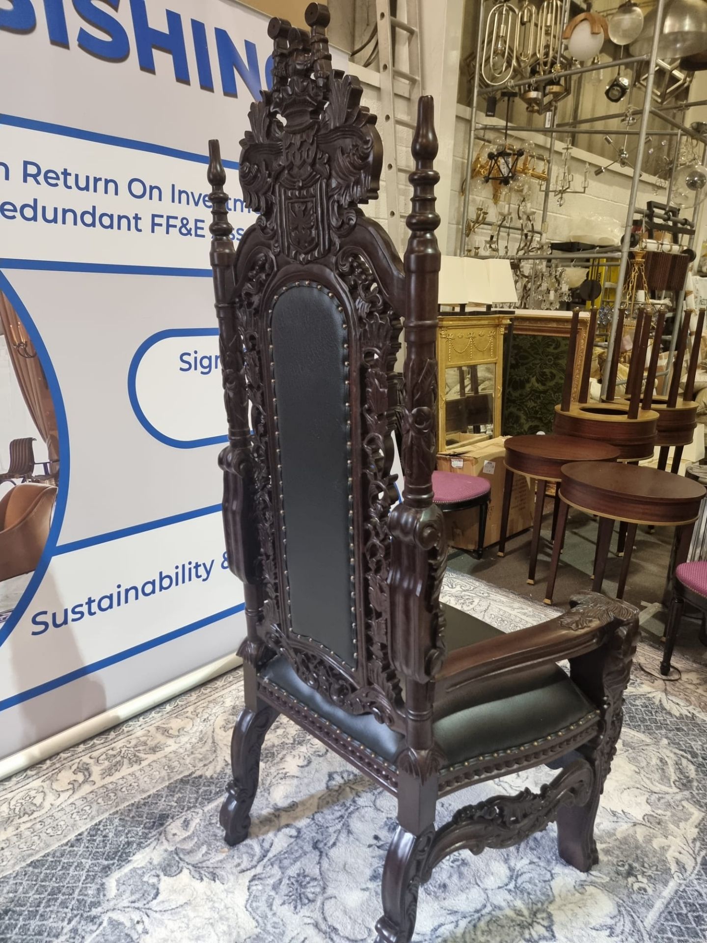 Handmade Mahogany Chair Upholstered In A Pinned Black Exceptional Detailed Carving. This Antique - Image 3 of 20