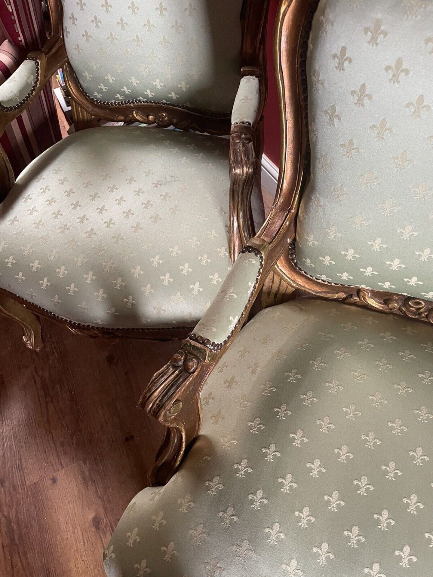 A Pair of Fauteuils In Louis XVI Style Carved Gilt Wood Arm Chairs Upholstered In Fleur De Lys - Image 6 of 10