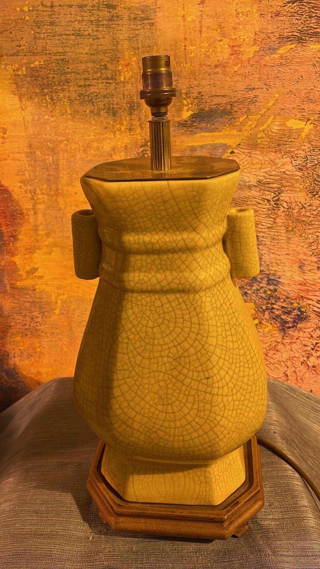 A Pair Of Crackle Glazed Yellow Ceramic Table Lamps On Plinth 47cm - Image 2 of 3