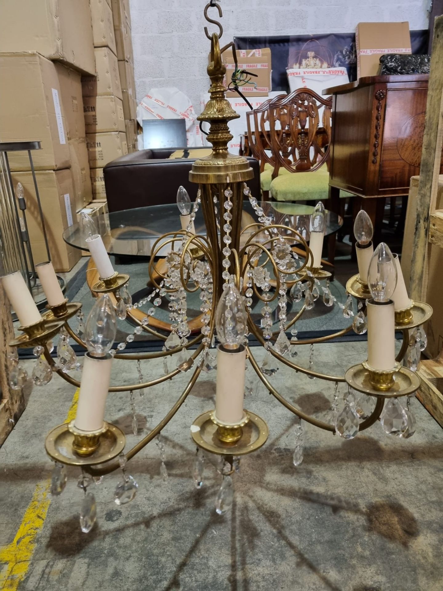 A 10 Arm Vintage French Brass and Crystal Chandelier With A Baluster Shaped Body With Ten - Image 2 of 4