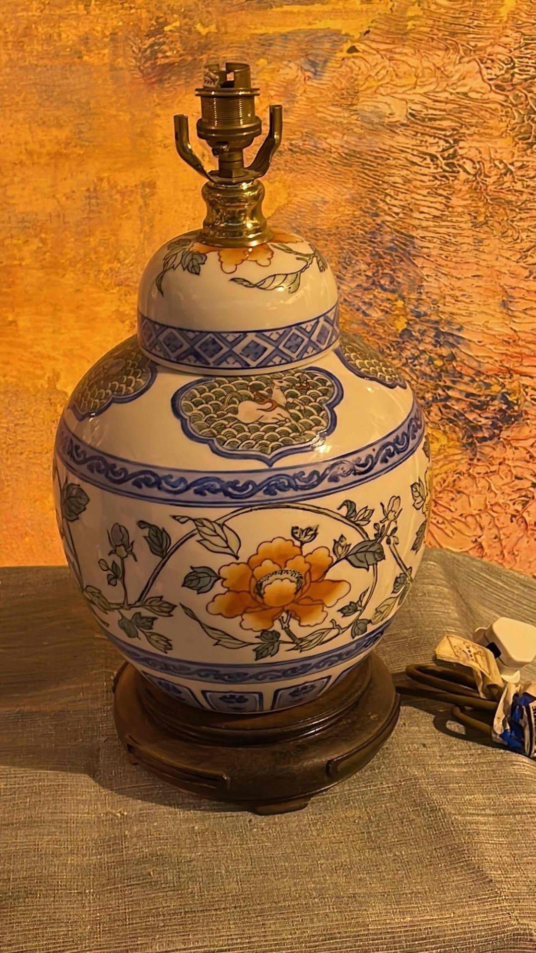 Maitland Smith Hand Painted Porcelain Chinese Ginger Jar Table Lamp With Flowers And Horses On A - Image 2 of 4