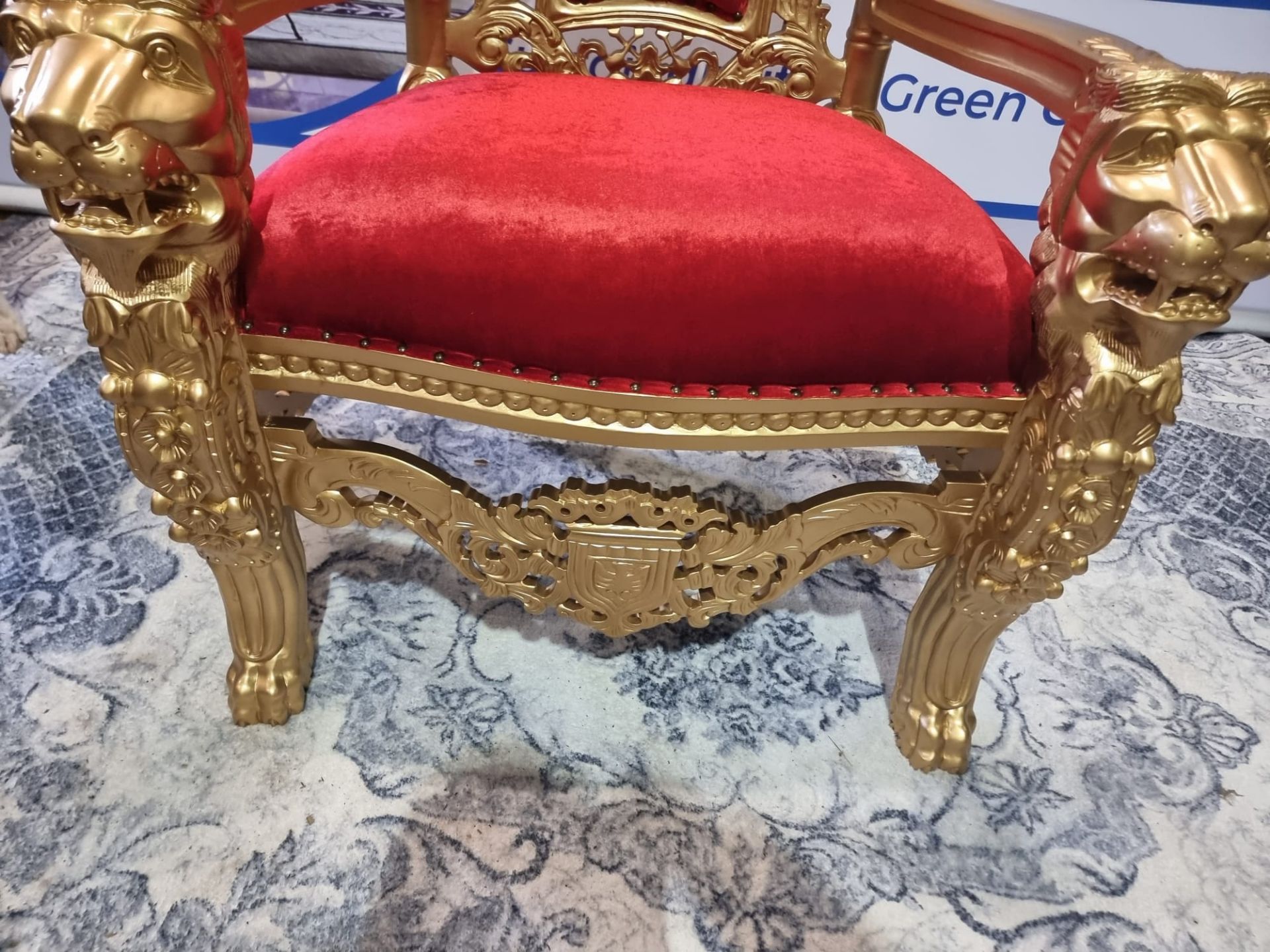 Handmade Mahogany Wood Painted Matt Gold Throne Chair Upholstered In A Pinned Red Velvet Exceptional - Image 12 of 18