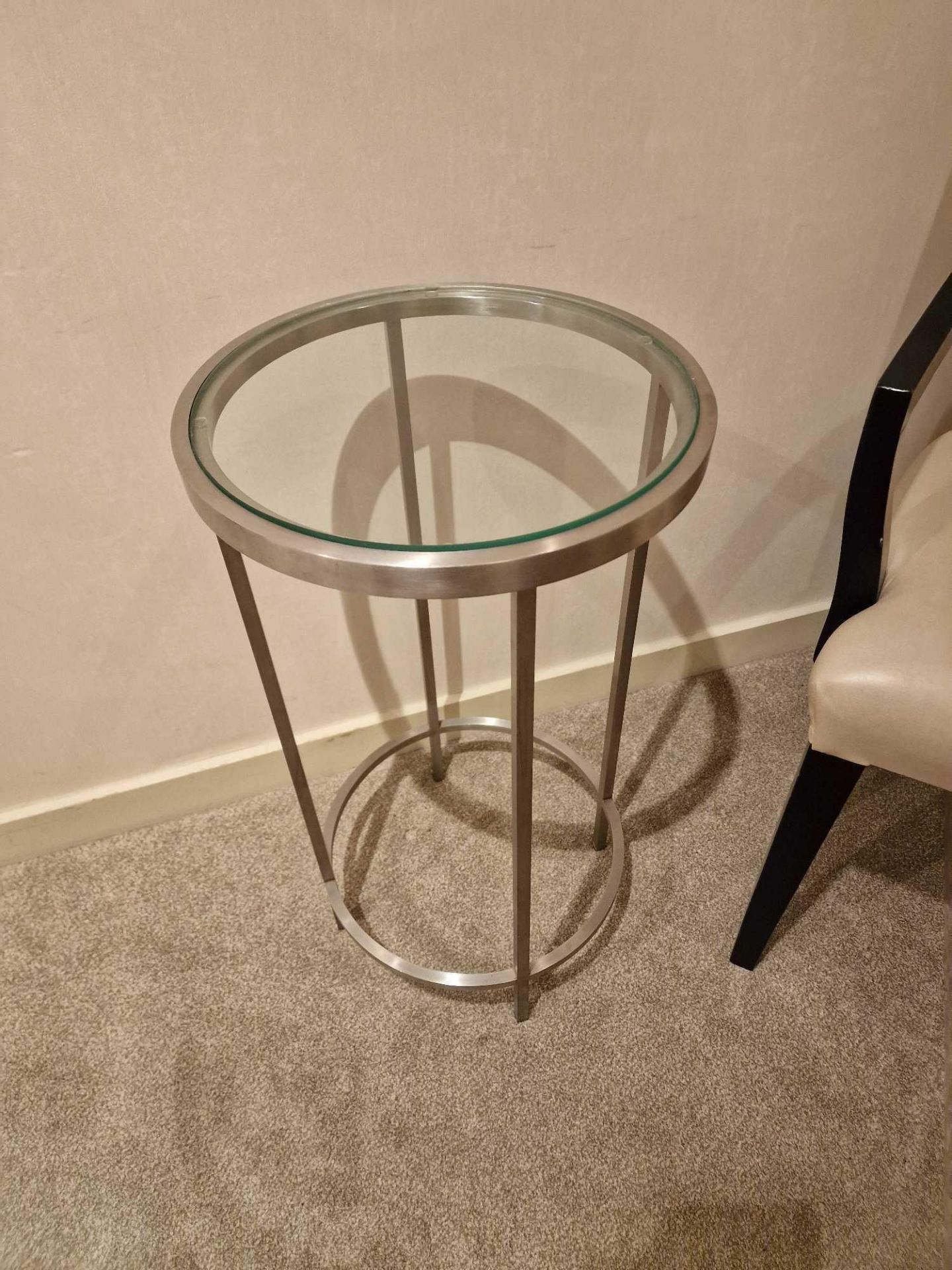 A Modern Design Stainless Steel And Tempered Glass Side Table 35cm Diameter x 64cm Tall - Image 2 of 3