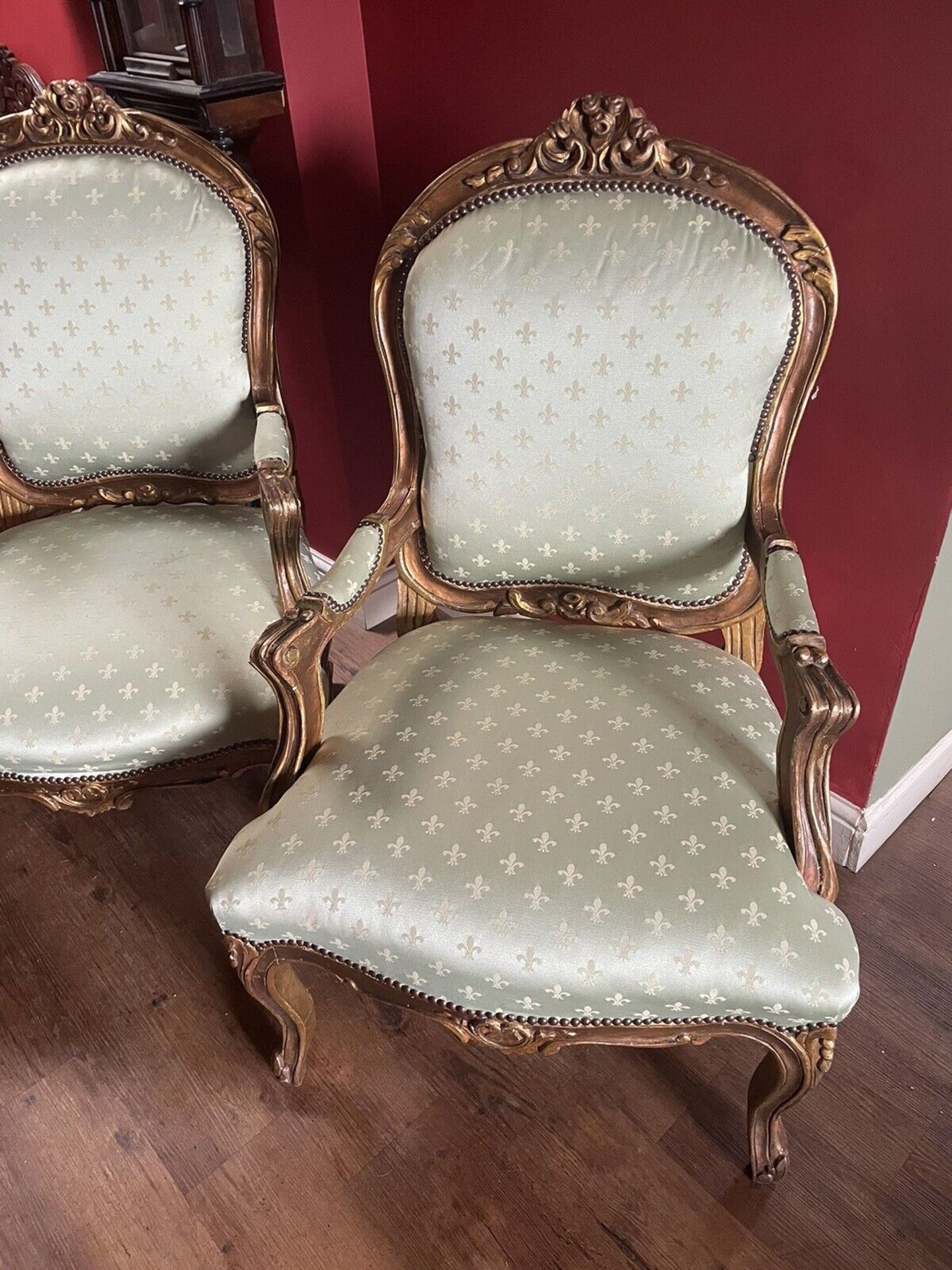 A Pair of Fauteuils In Louis XVI Style Carved Gilt Wood Arm Chairs Upholstered In Fleur De Lys - Image 8 of 10