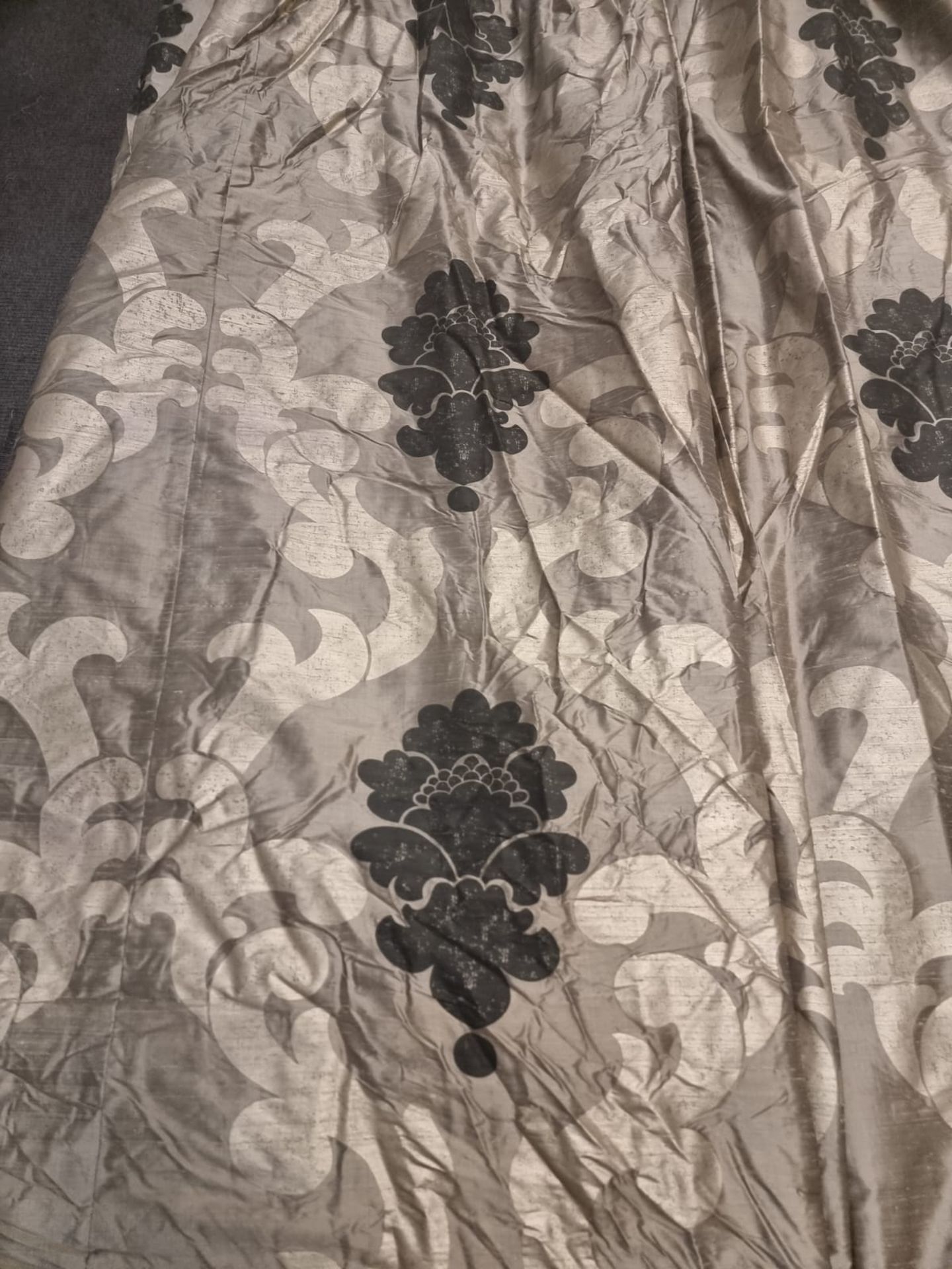A pair of silk drapes gold with black floral pattern fully lined pencil pleat top each panel 180cm - Image 3 of 5