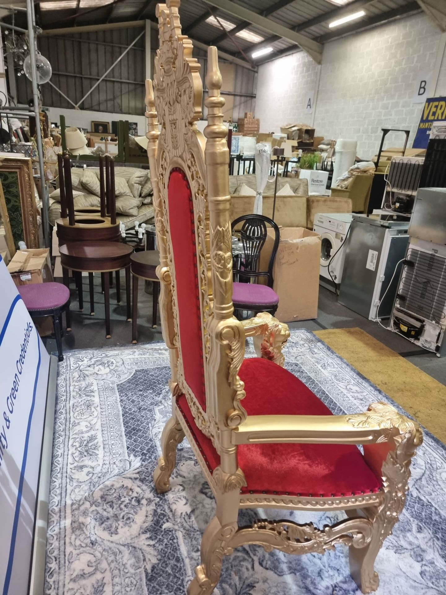 Handmade Mahogany Wood Painted Matt Gold Throne Chair Upholstered In A Pinned Red Velvet Exceptional - Image 3 of 18