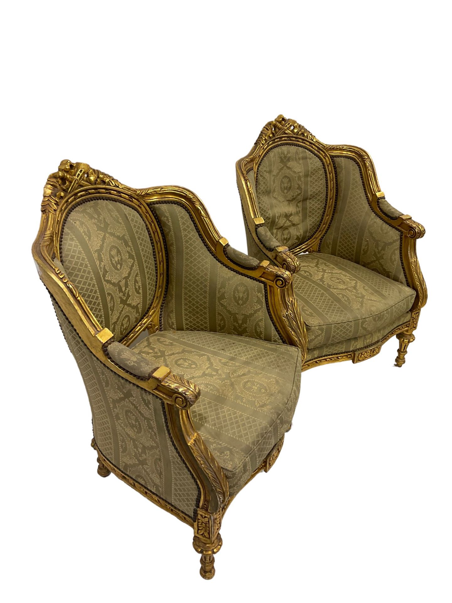 A Pair Louis XVI design gilt framed armchairs, the cresting rail pierced and moulded with flower - Image 4 of 8