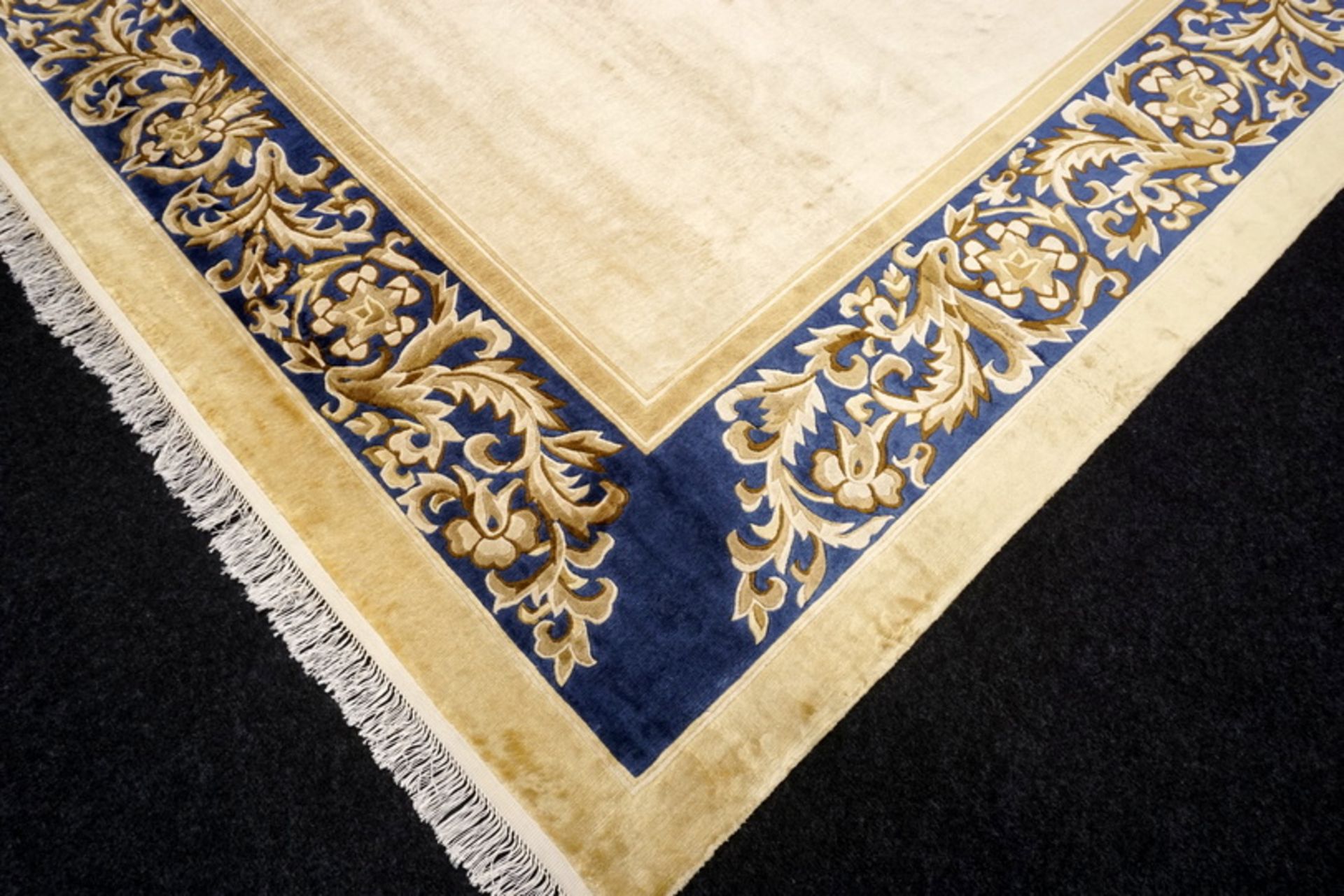 A Chinese Silk Carpet, Tientsin, Silk On Silk Foundation The Plain Ivory Field With A Blue Border - Image 5 of 20