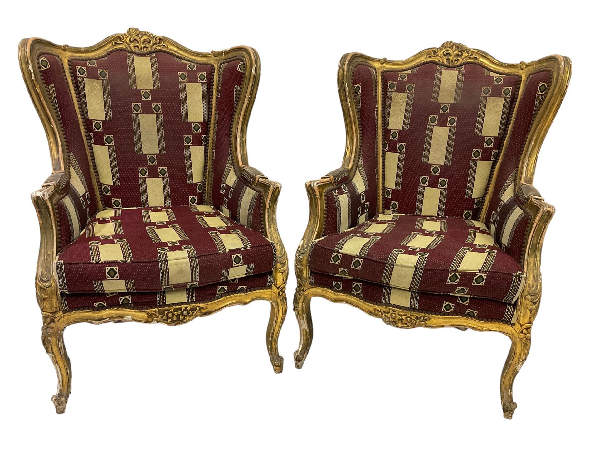 A Pair Louis XV design gilt framed wingback armchairs, the cresting rail carved and moulded with a - Image 3 of 10