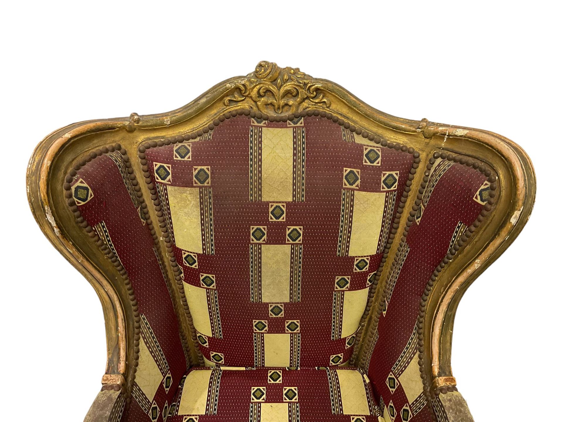 A Pair Louis XV design gilt framed wingback armchairs, the cresting rail carved and moulded with a - Image 8 of 10