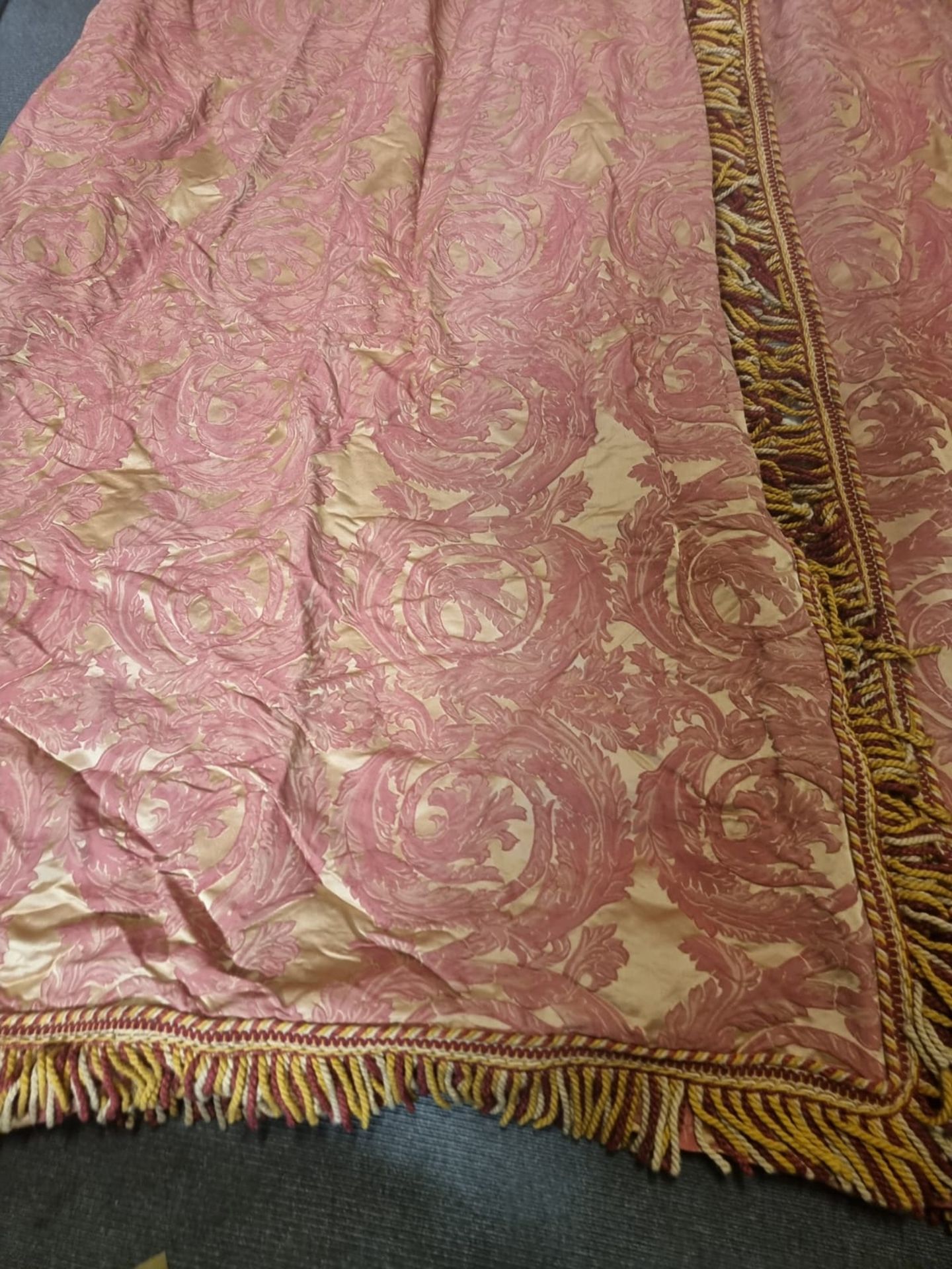 2 x panels of heavy cotton pencil pleat lined drapes with gold and red pattern with a pelmet top - Image 4 of 5