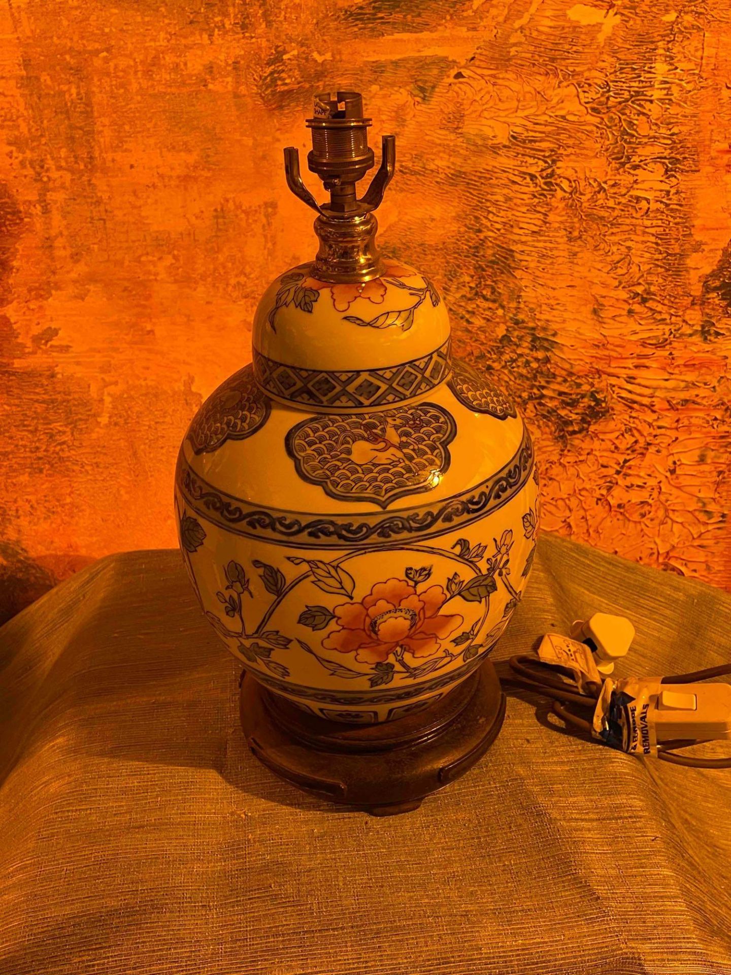 Maitland Smith Hand Painted Porcelain Chinese Ginger Jar Table Lamp With Flowers And Horses On A - Image 3 of 4