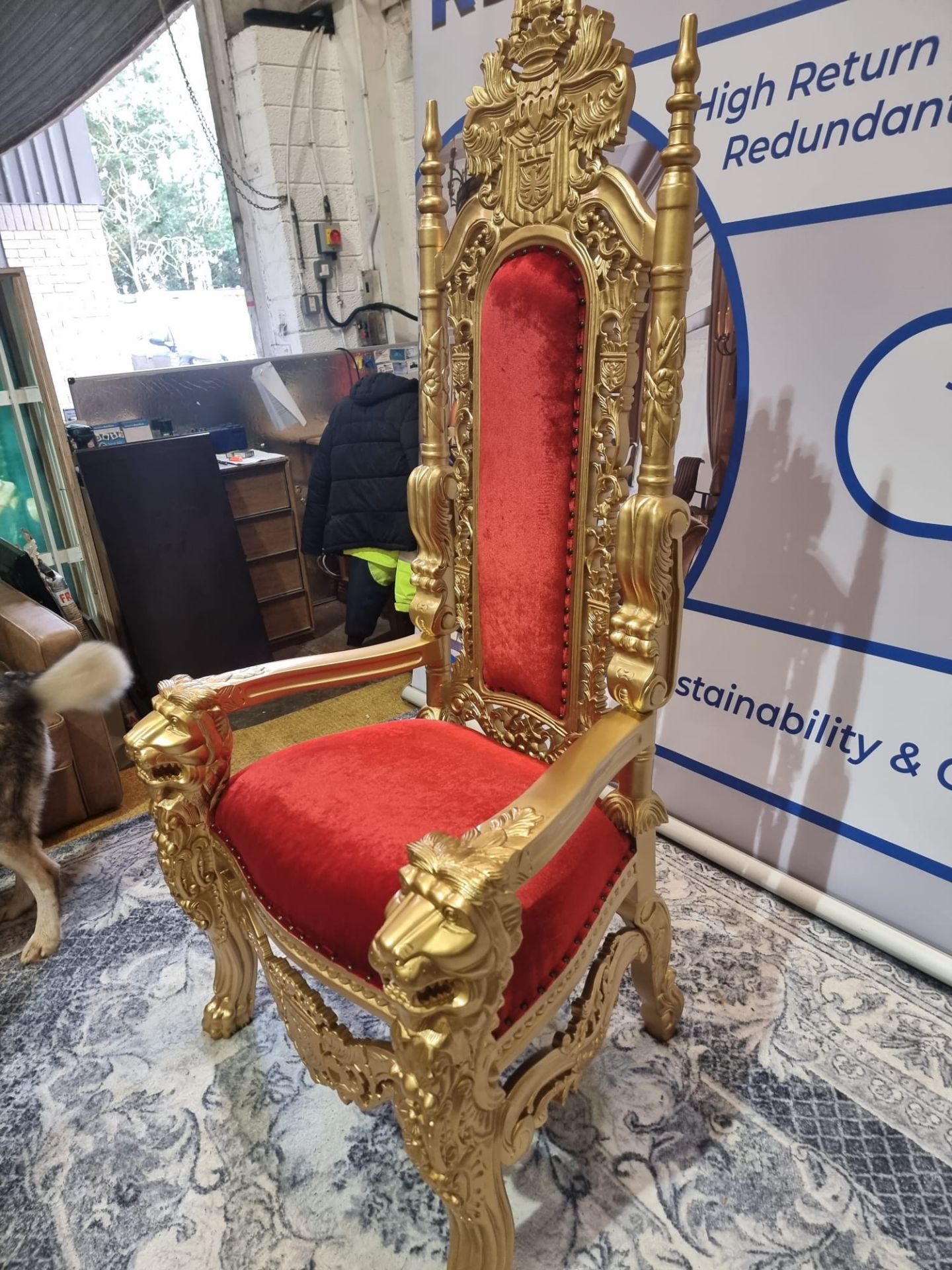 Handmade Mahogany Wood Painted Matt Gold Throne Chair Upholstered In A Pinned Red Velvet Exceptional - Image 2 of 18
