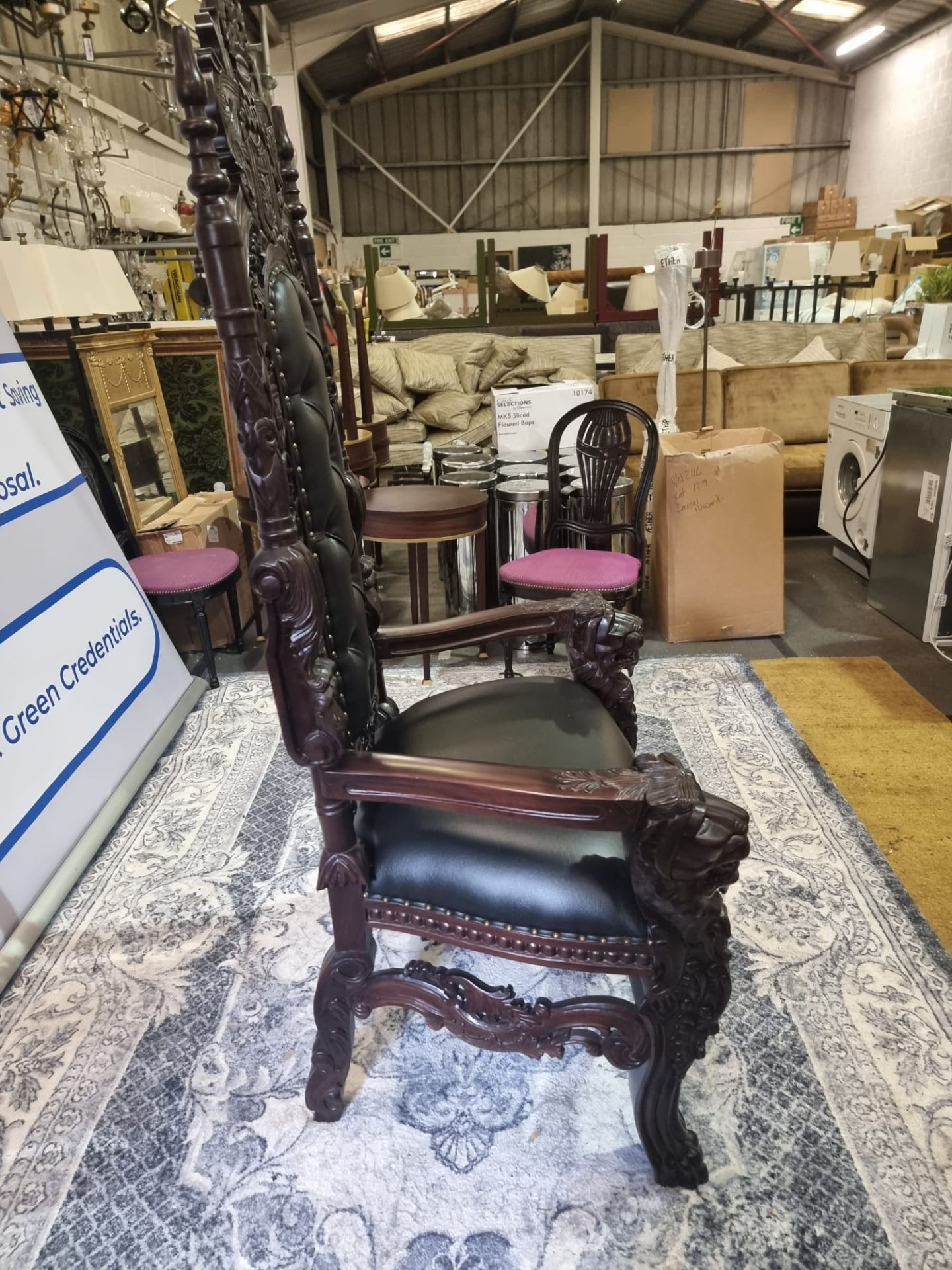 Handmade Mahogany Chair Upholstered In A Pinned Black Exceptional Detailed Carving. This Antique - Image 4 of 20