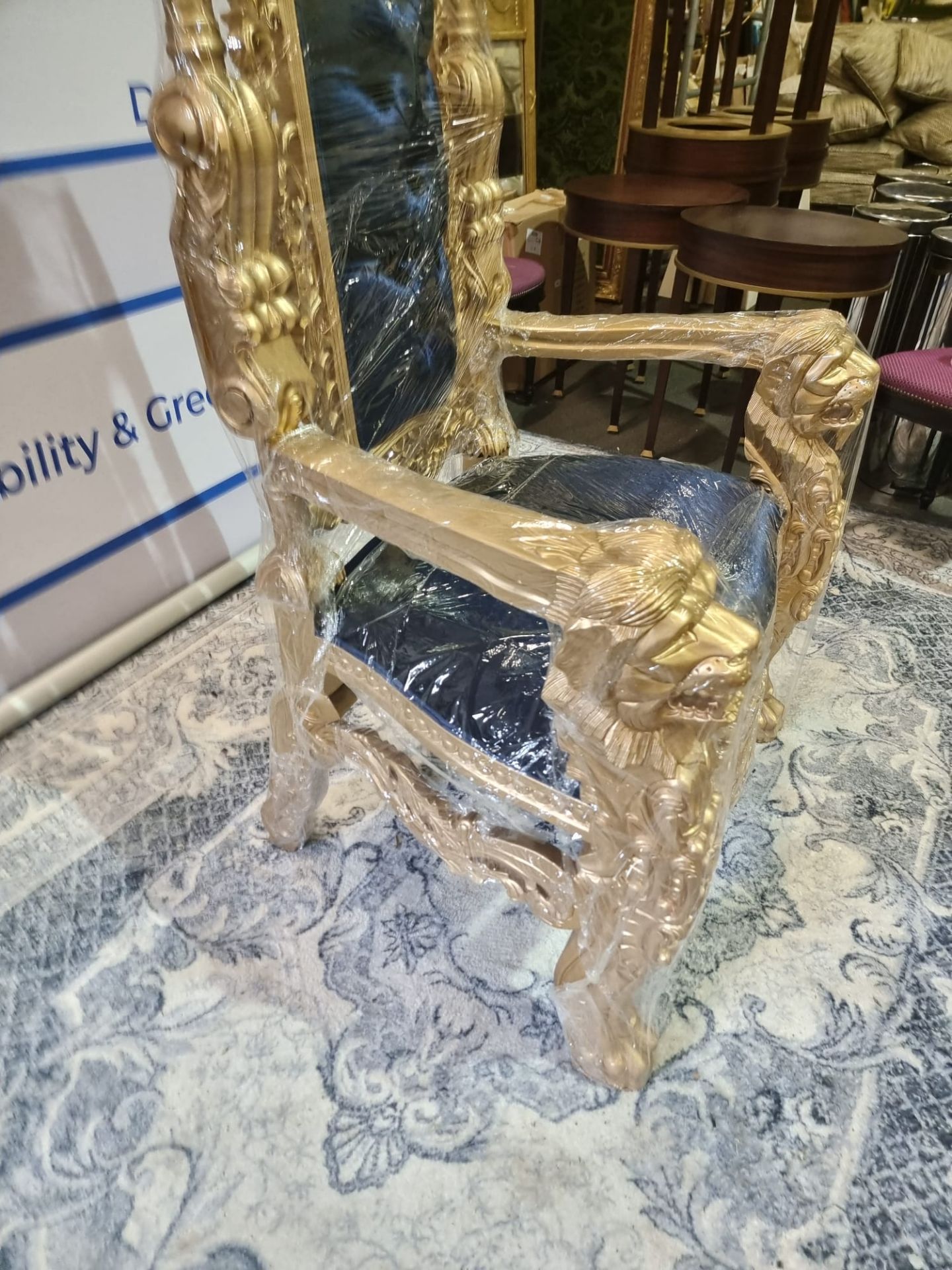 Handmade Mahogany Chair Painted Gold Upholstered In A Pinned Royal Blue Velvet Exceptional - Image 4 of 18