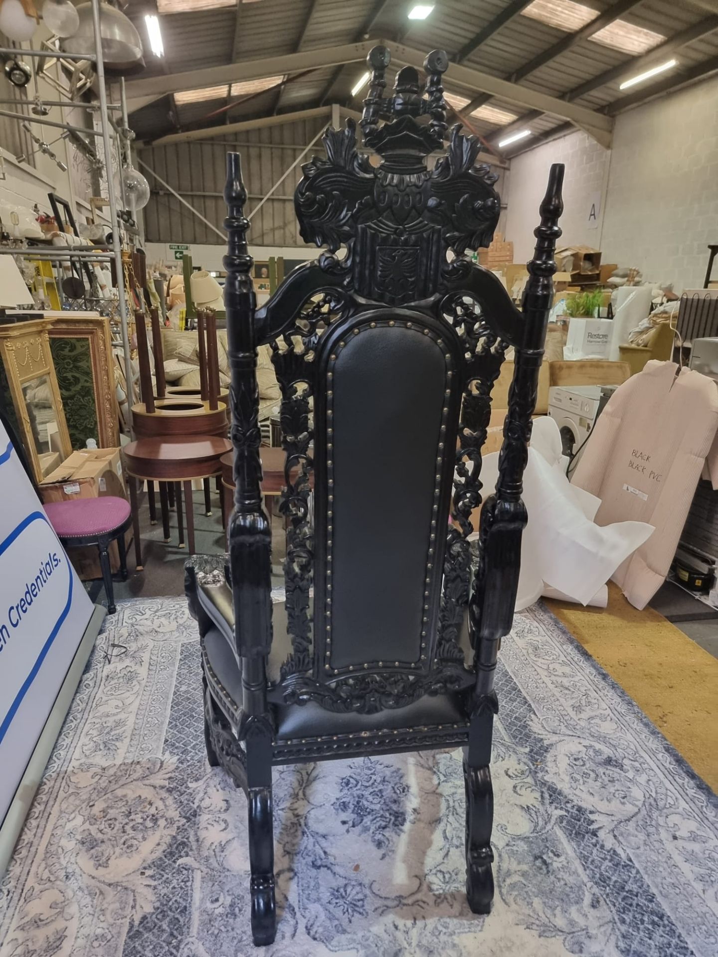 Handmade Mahogany Chair Finished In Painted Ebony Upholstered In Pinned Black Exceptional Detailed - Image 10 of 24