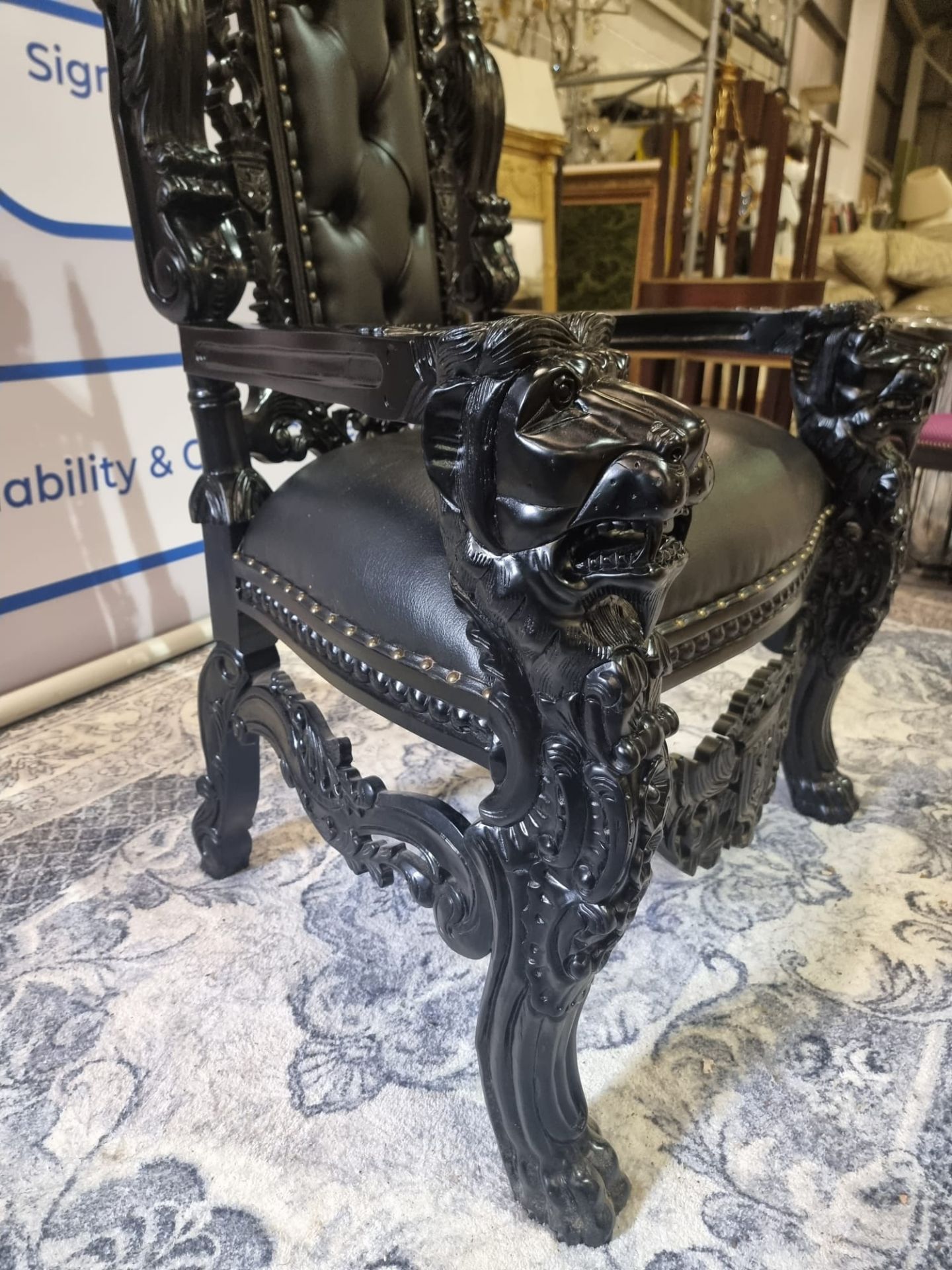 Handmade Mahogany Chair Finished In Painted Ebony Upholstered In Pinned Black Exceptional Detailed - Image 3 of 24