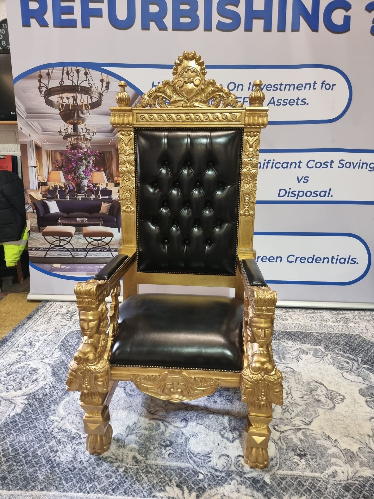 Handmade Mahogany Chair Finished In Painted Matt Gold Upholstered In Pinned Black Exceptional