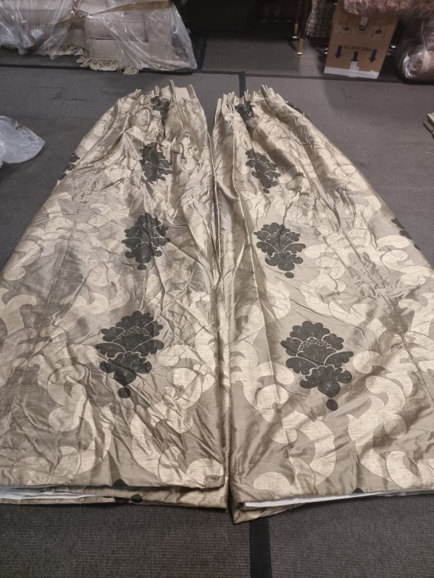 A pair of silk drapes gold with black floral pattern fully lined pencil pleat top each panel 180cm - Image 2 of 5