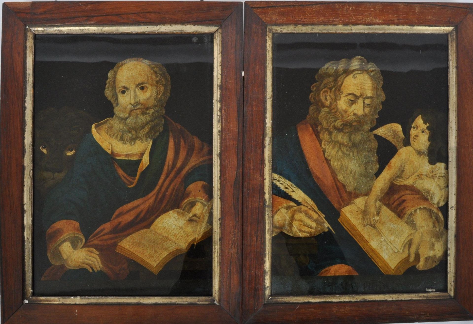 A Pair Of 19th Century Reverse Glass Painted Engravings. Two Ecclesiastical Portraits St Mark