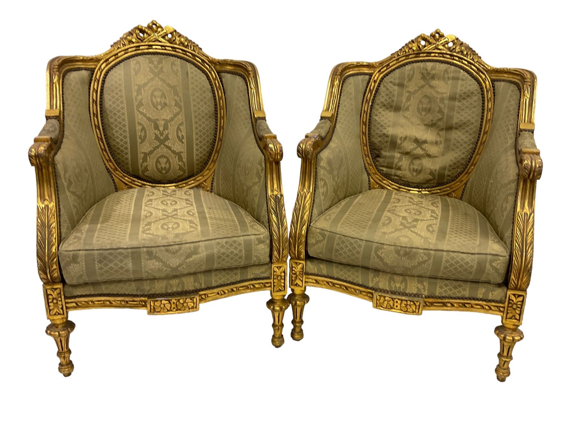 A Pair Louis XVI design gilt framed armchairs, the cresting rail pierced and moulded with flower - Image 2 of 8