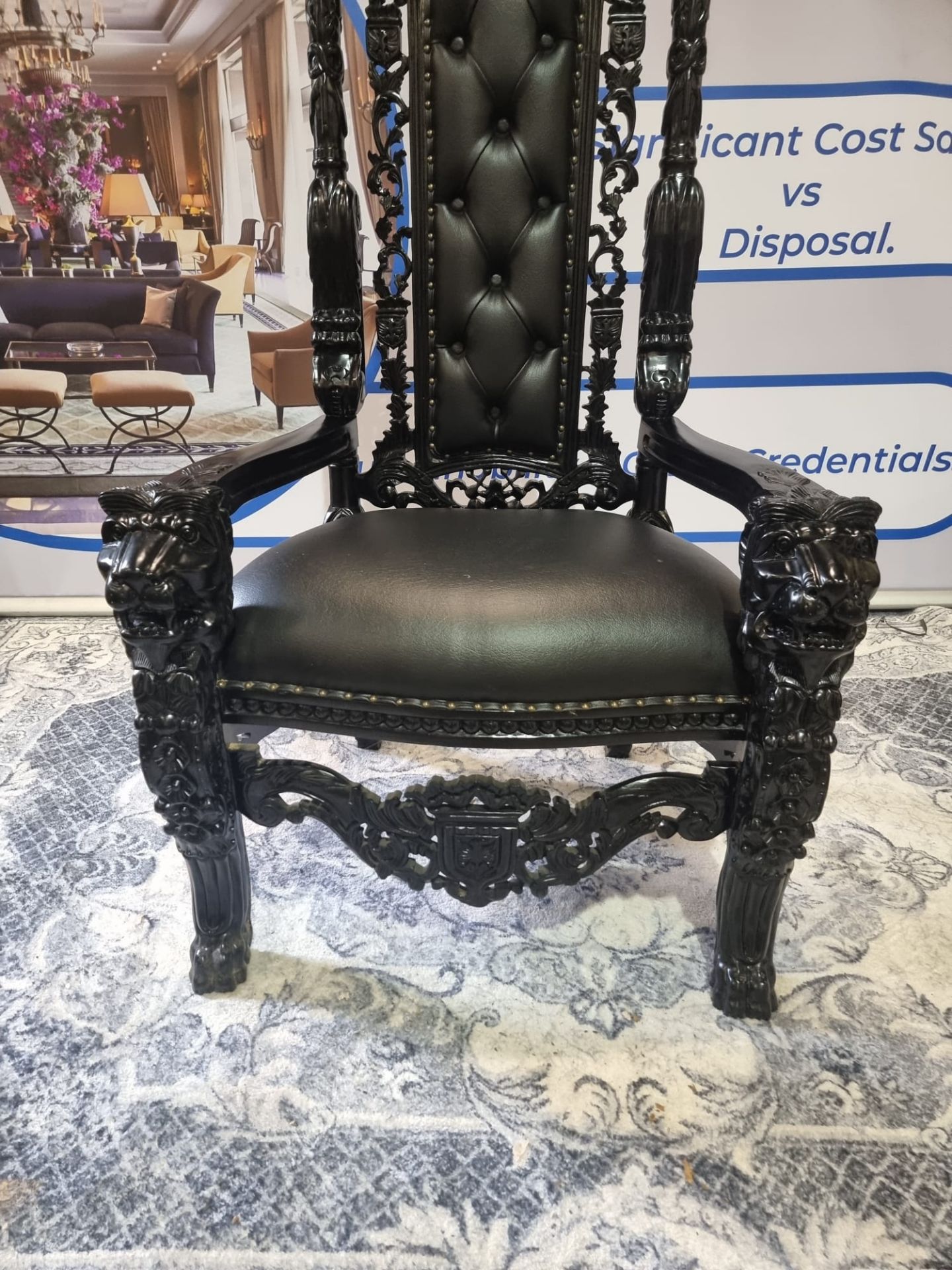 Handmade Mahogany Chair Finished In Painted Ebony Upholstered In Pinned Black Exceptional Detailed - Image 6 of 24