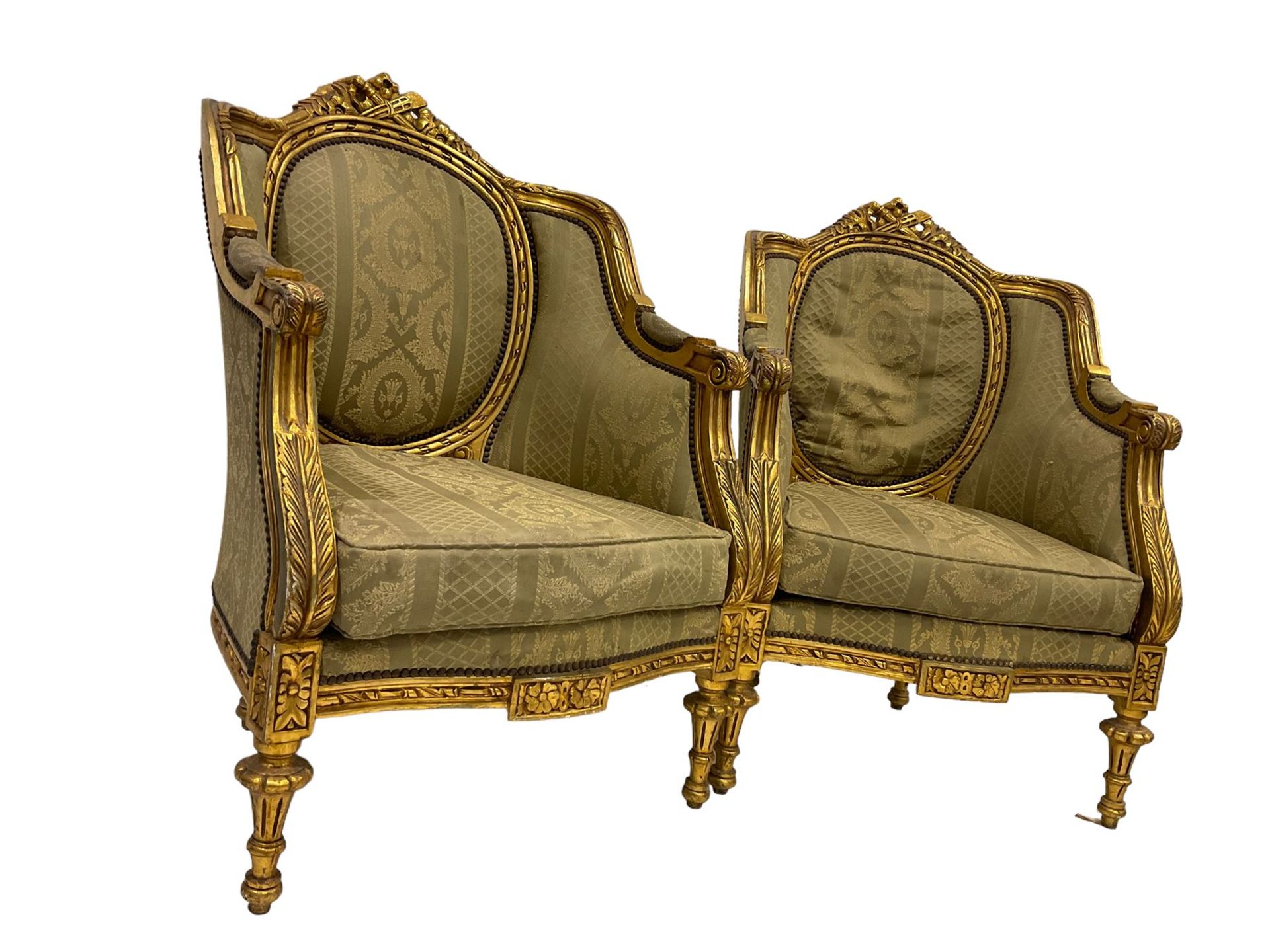 A Pair Louis XVI design gilt framed armchairs, the cresting rail pierced and moulded with flower - Image 3 of 8