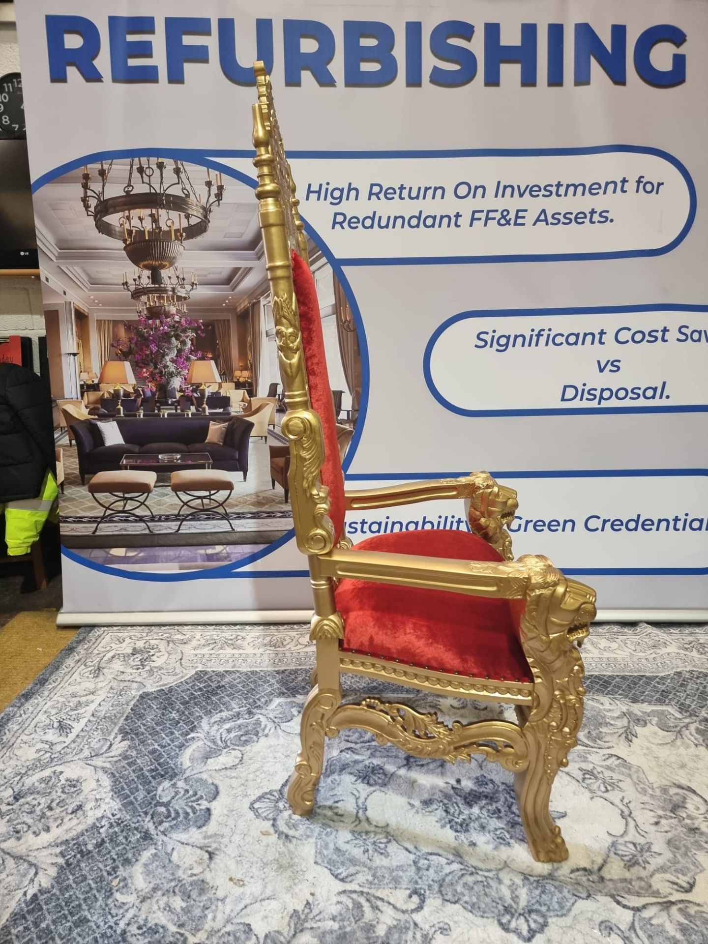Handmade Mahogany Wood Painted Matt Gold Throne Chair Upholstered In A Pinned Red Velvet Exceptional - Image 4 of 18