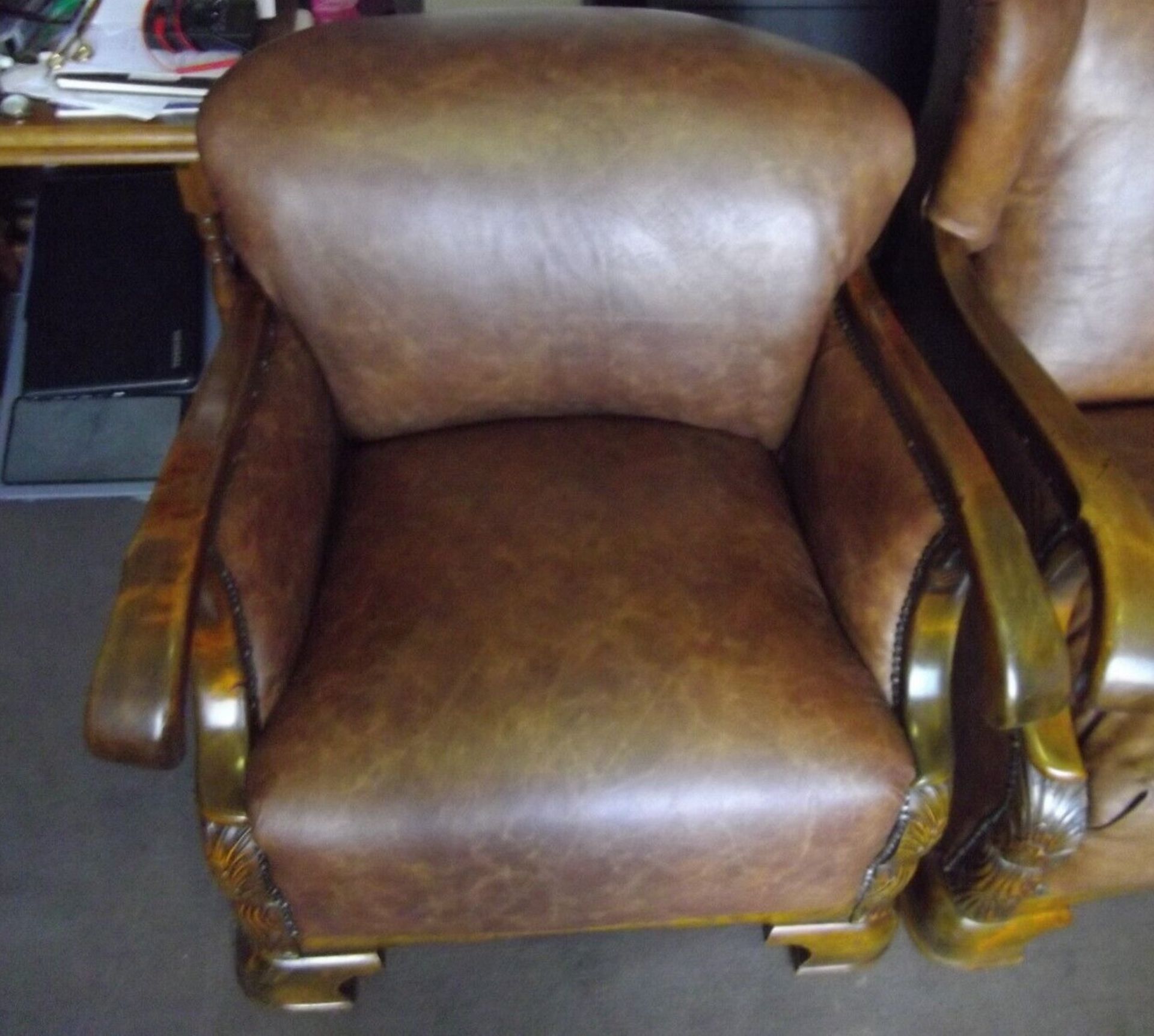 Leather Armchair Continental Oak Frame With Recently Upholstered Vintage 100% Leather Upholstery - Image 6 of 13
