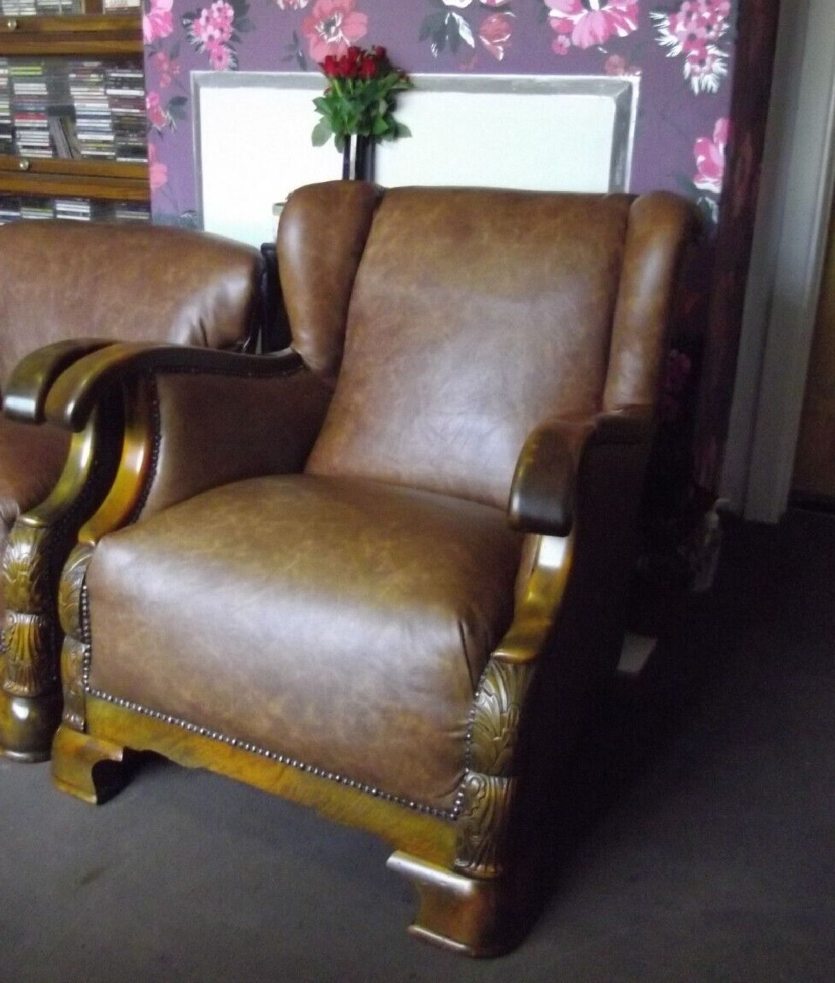 Leather Wingback Continental Oak Frame Armchair With Recently Upholstered Vintage 100% Leather