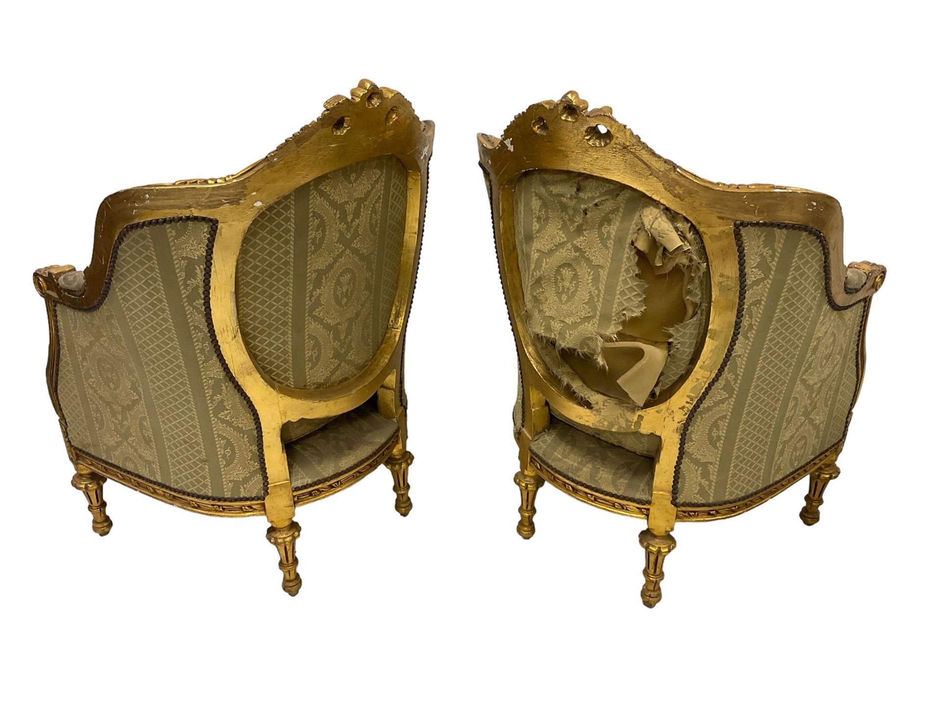 A Pair Louis XVI design gilt framed armchairs, the cresting rail pierced and moulded with flower - Image 8 of 8