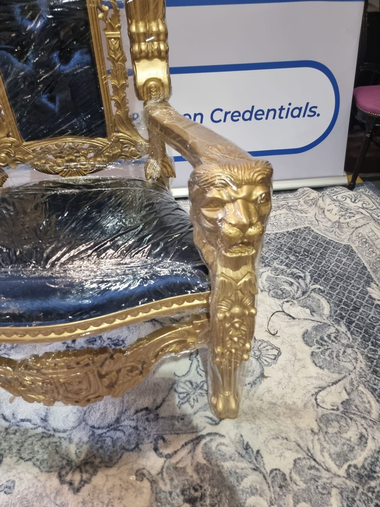 Handmade Mahogany Chair Painted Gold Upholstered In A Pinned Royal Blue Velvet Exceptional - Image 17 of 18