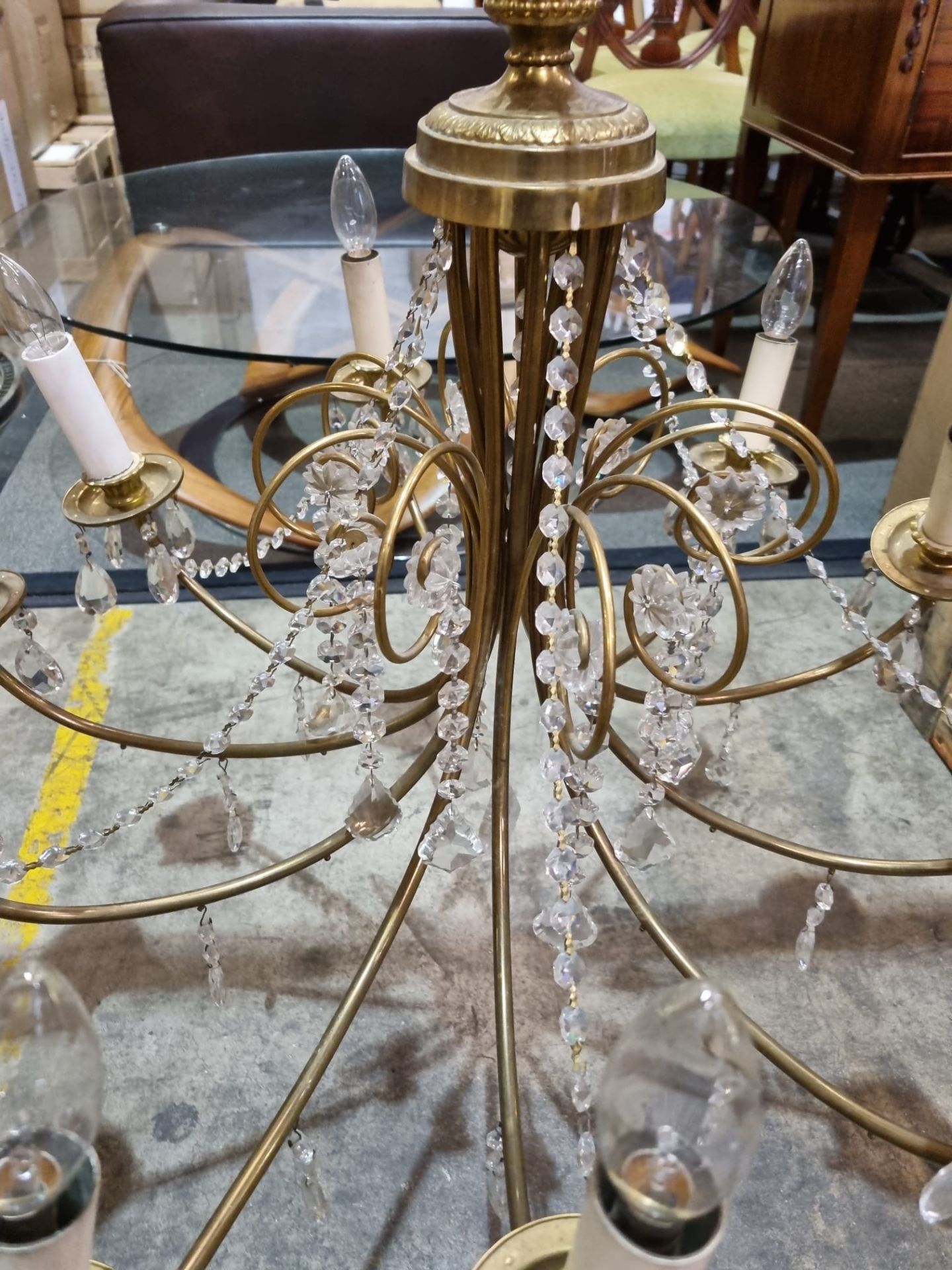 A 10 Arm Vintage French Brass and Crystal Chandelier With A Baluster Shaped Body With Ten - Image 3 of 4