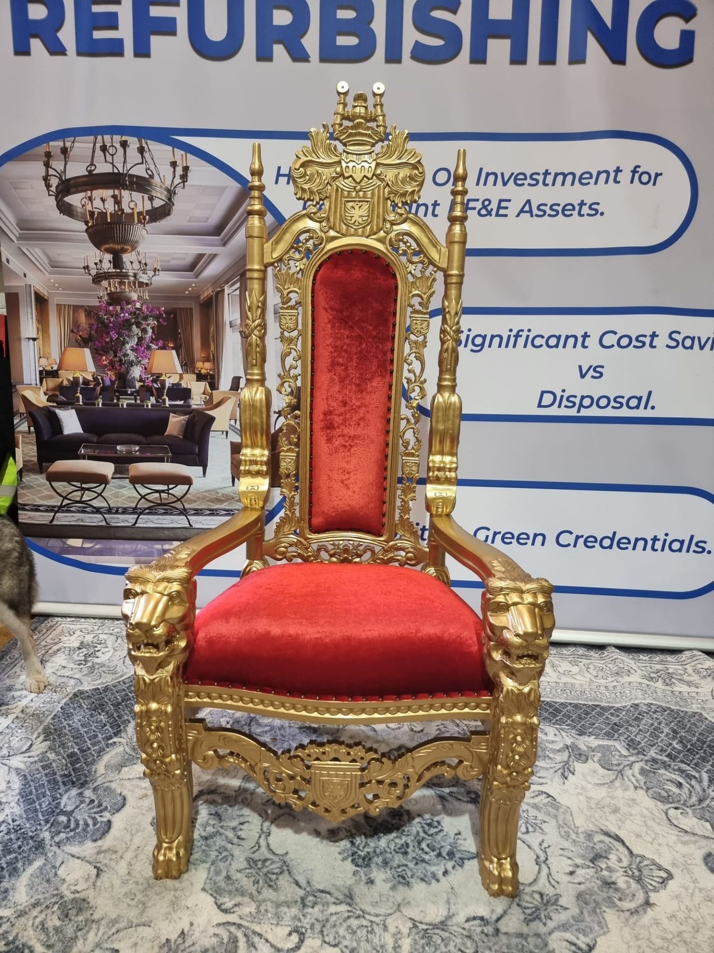 Handmade Mahogany Wood Painted Matt Gold Throne Chair Upholstered In A Pinned Red Velvet Exceptional
